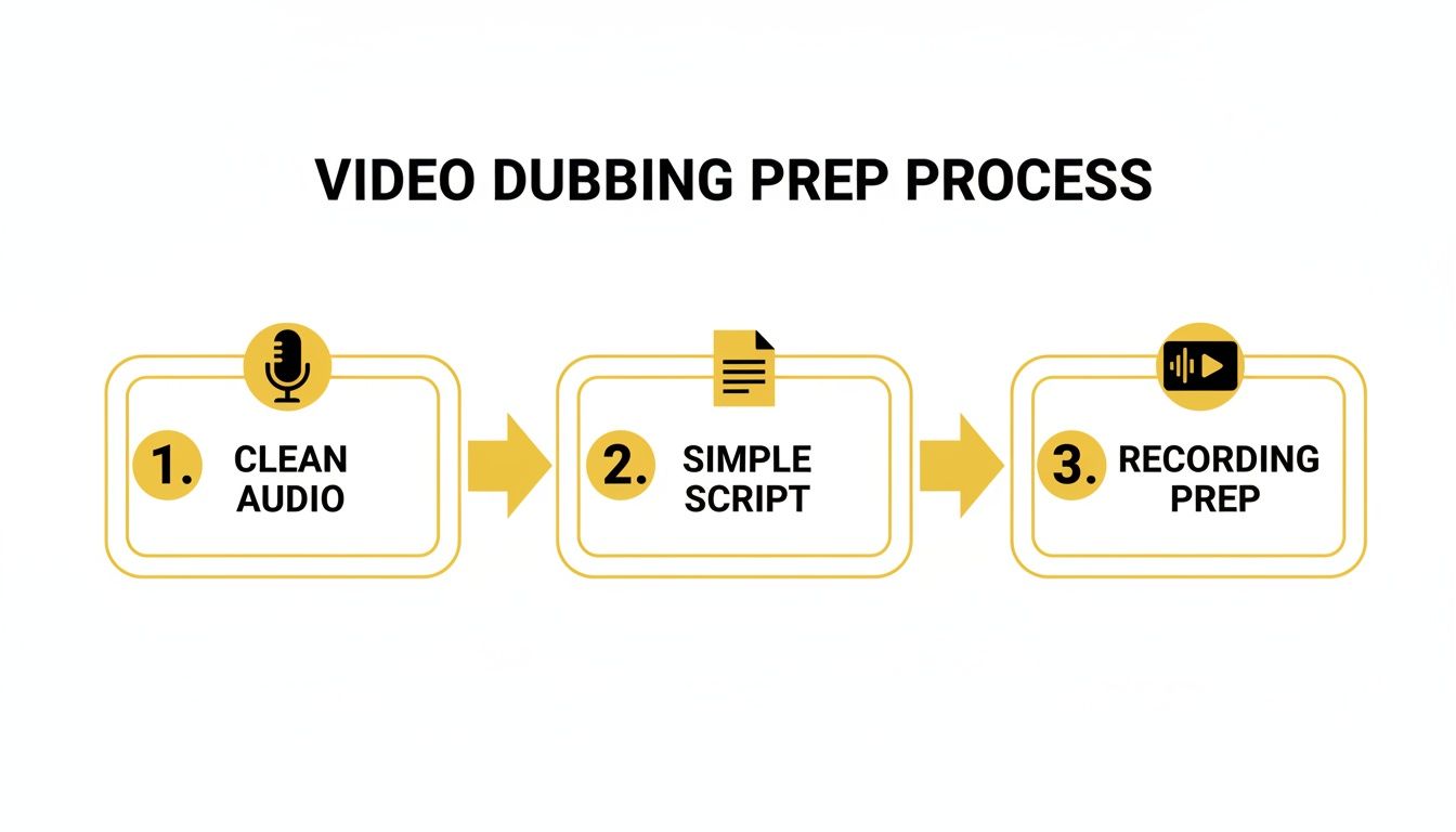 A diagram illustrating the three-step video dubbing prep process: clean audio, simple script, and recording preparation.