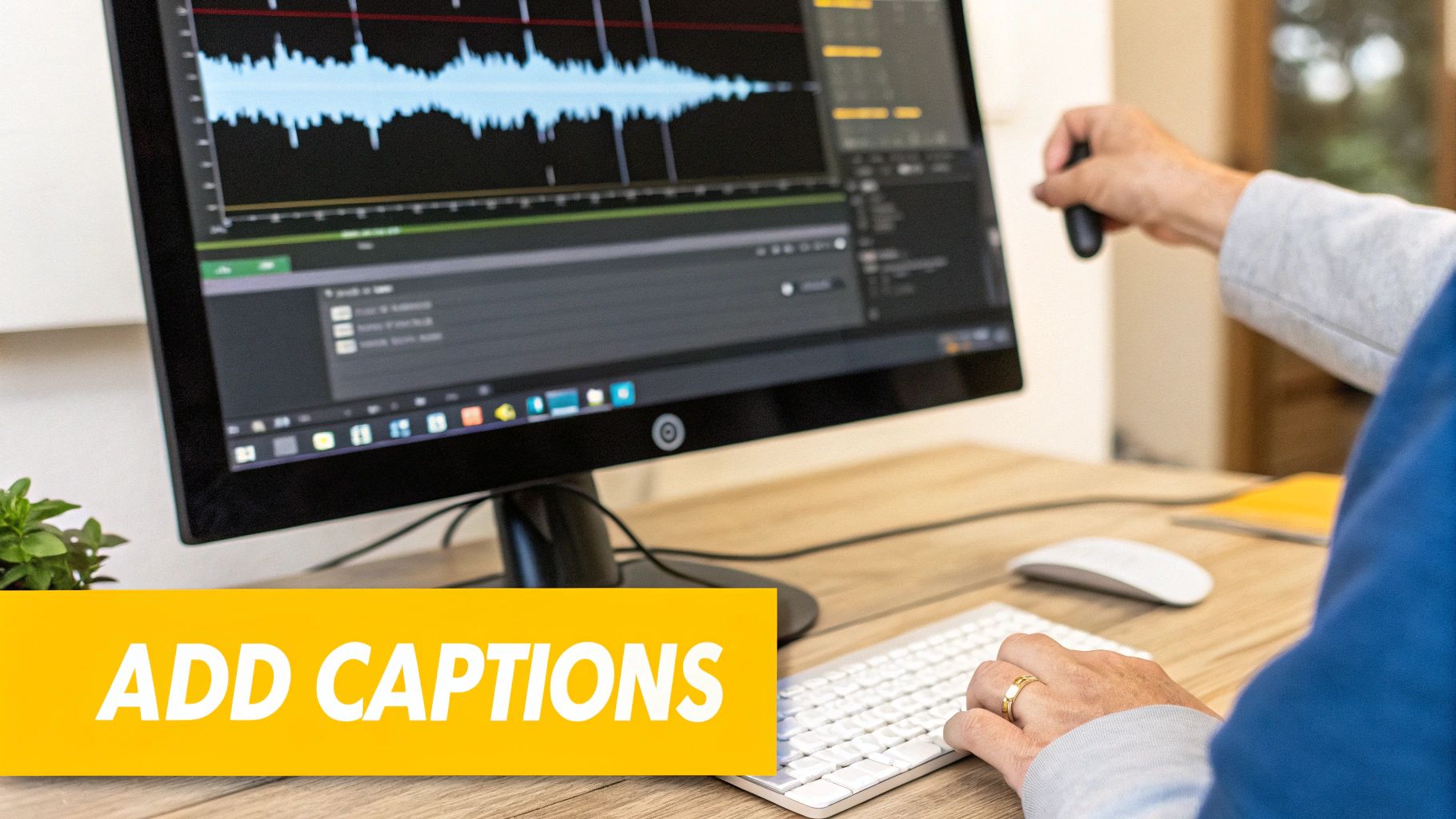 Person editing video content with audio waveform displayed on computer screen for adding captions