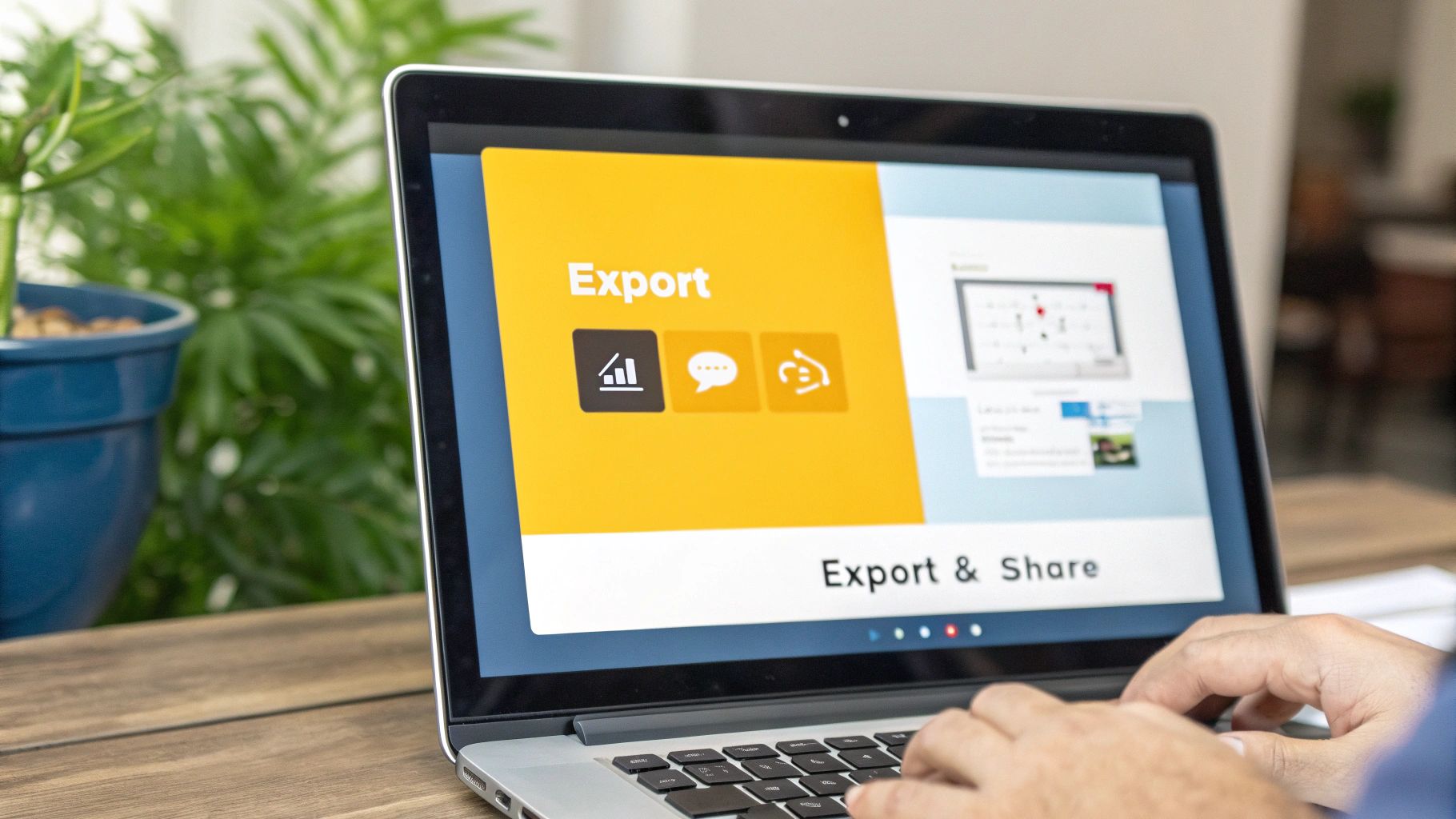Hands typing on a laptop displaying 'Export & Share' functionality with a plant in the background.
