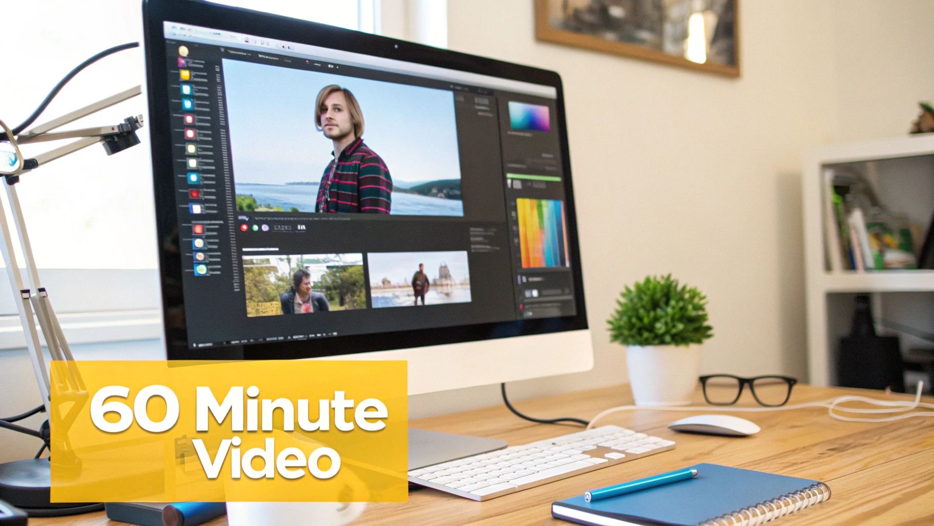 A person editing a video on a large computer monitor at a well-lit home office desk.