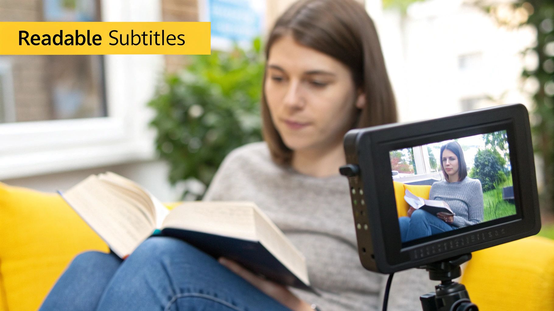 A woman reading a book, her image displayed on a video monitor, with 'Readable Subtitles' text.