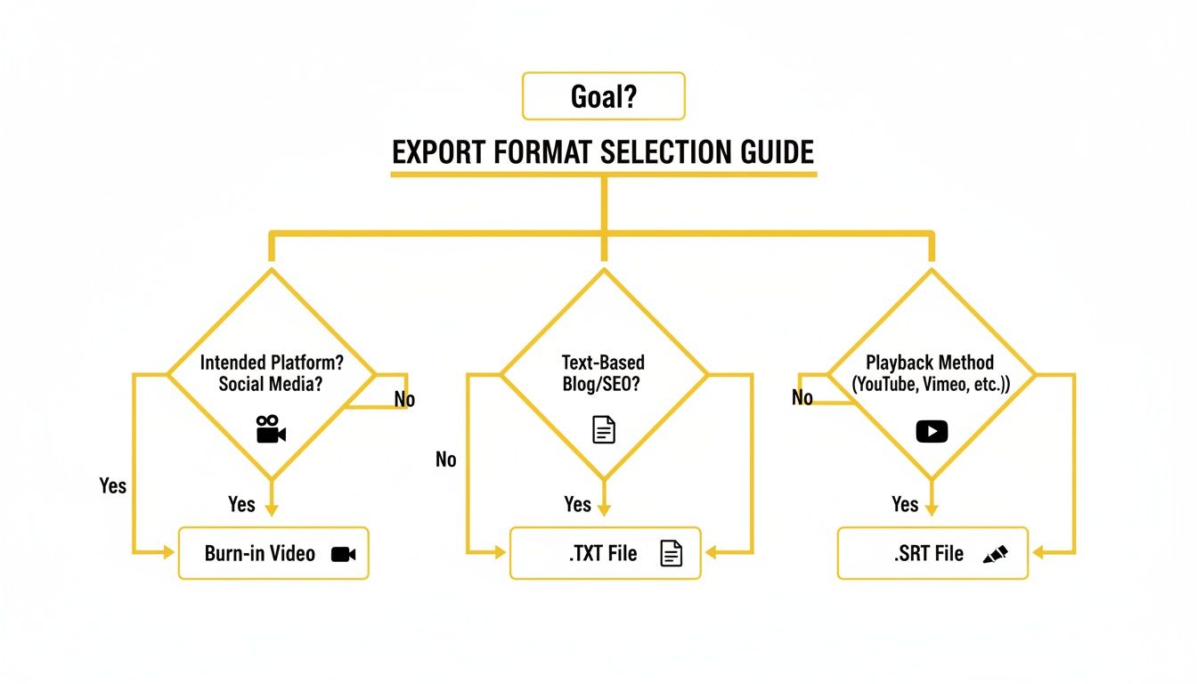 Flowchart showing an export format selection guide based on intended platform, blog, or playback method.