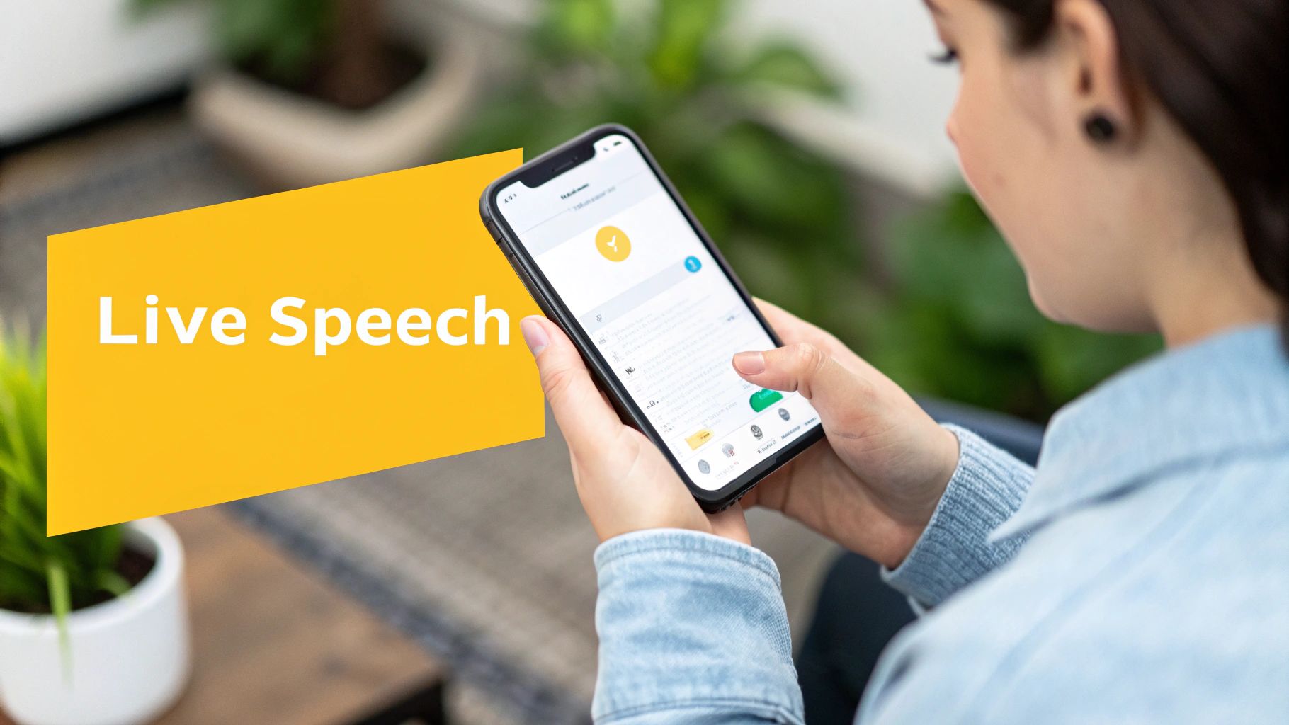 A person holds an iPhone with a speech-to-text application open, featuring a 'Live Speech' overlay.