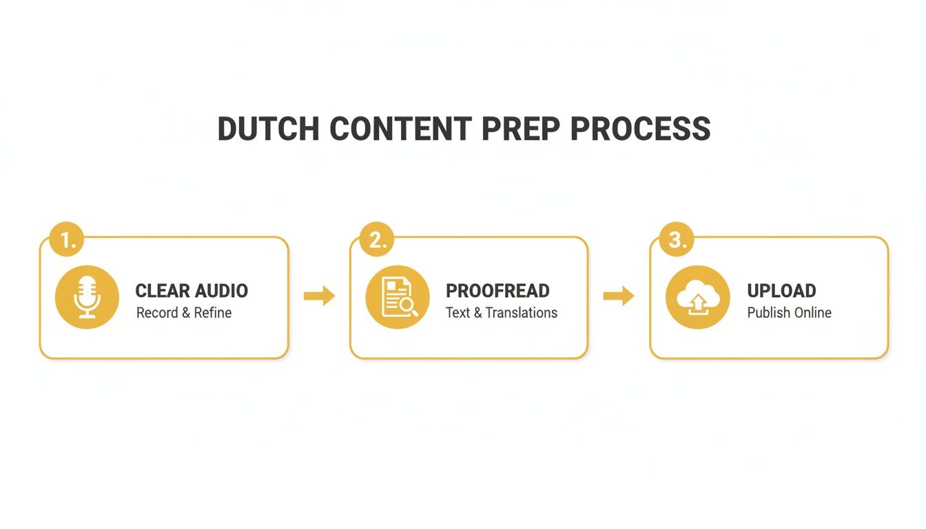 Infographic showing a three-step Dutch content preparation process: clear audio, proofread, and upload.