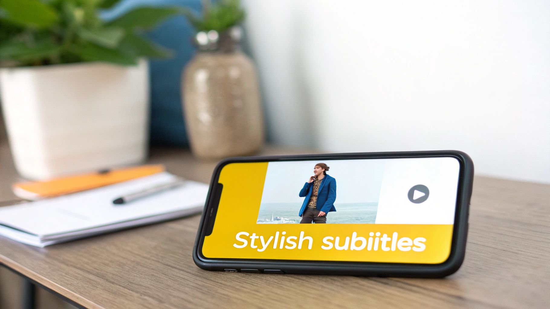 A smartphone displaying a video with "Stylish subtitles" text and a man in a blue jacket on a desk.