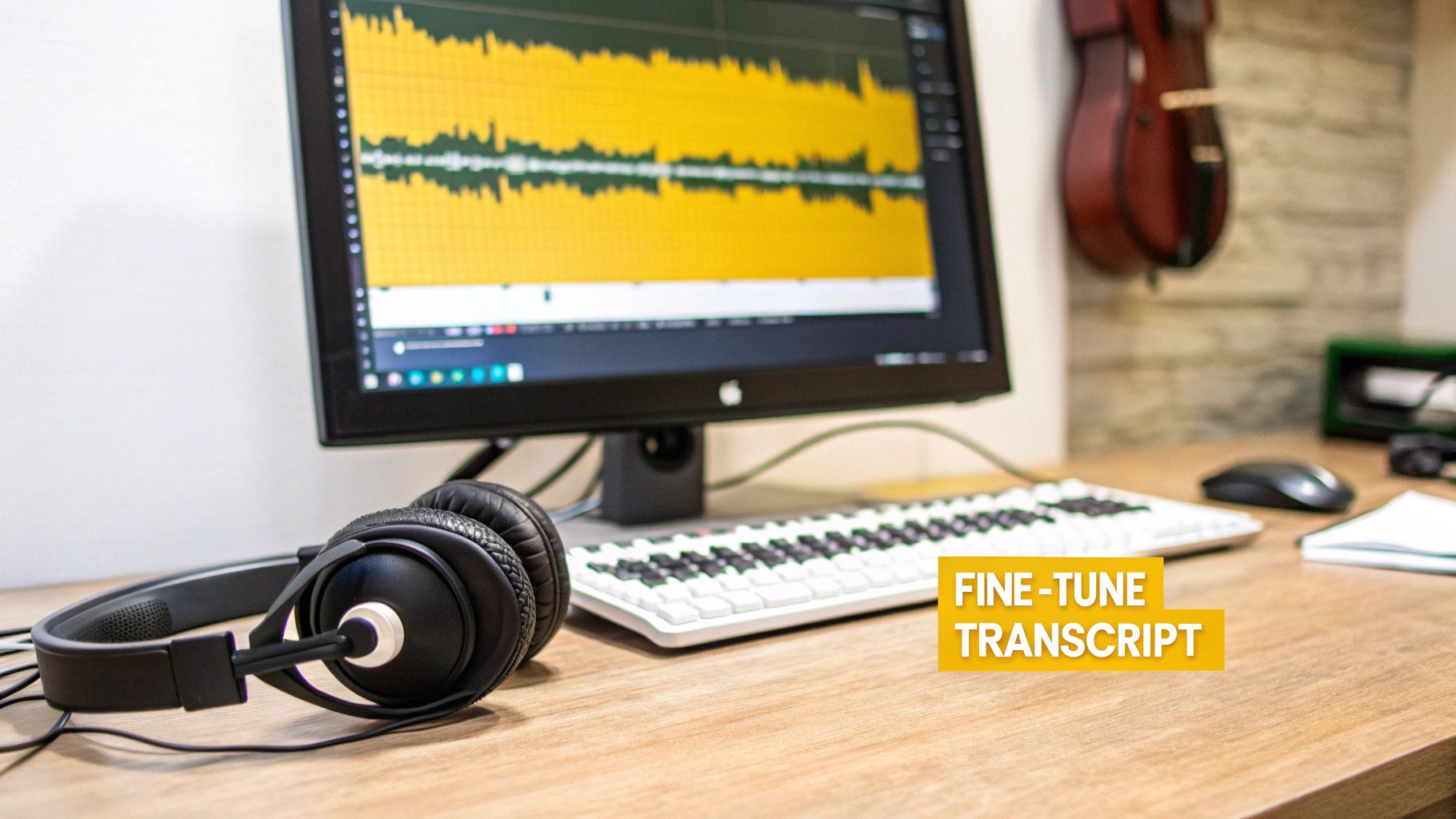 A close-up of a desk with a computer monitor displaying an audio waveform, headphones, and a keyboard.