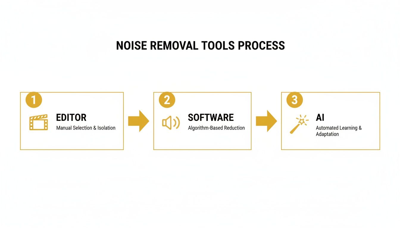 A diagram illustrating the noise removal tools process with three steps: editor, software, and AI.