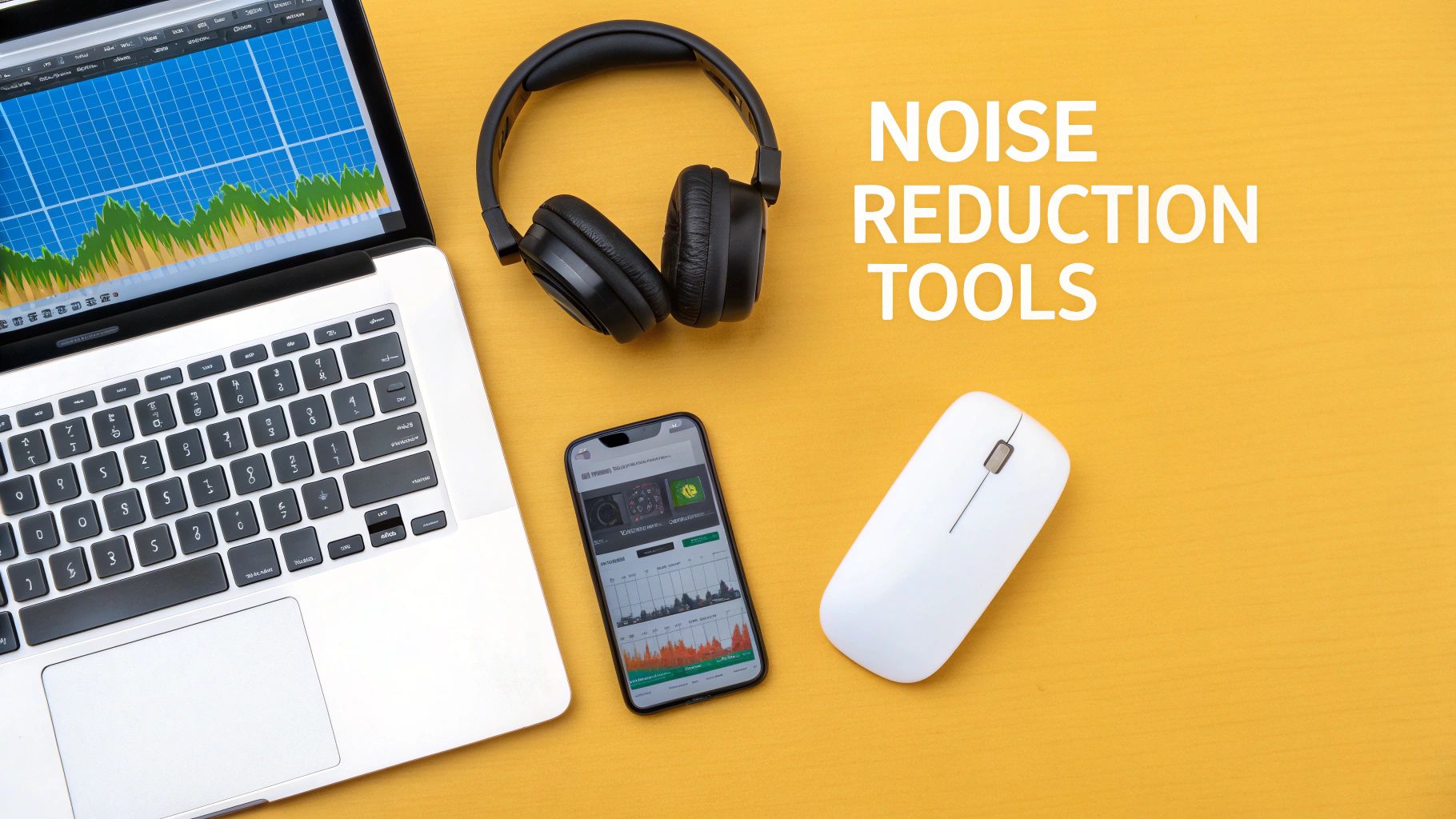 Laptop, headphones, and smartphone displaying graphs, with 'NOISE REDUCTION TOOLS' text on a yellow background.