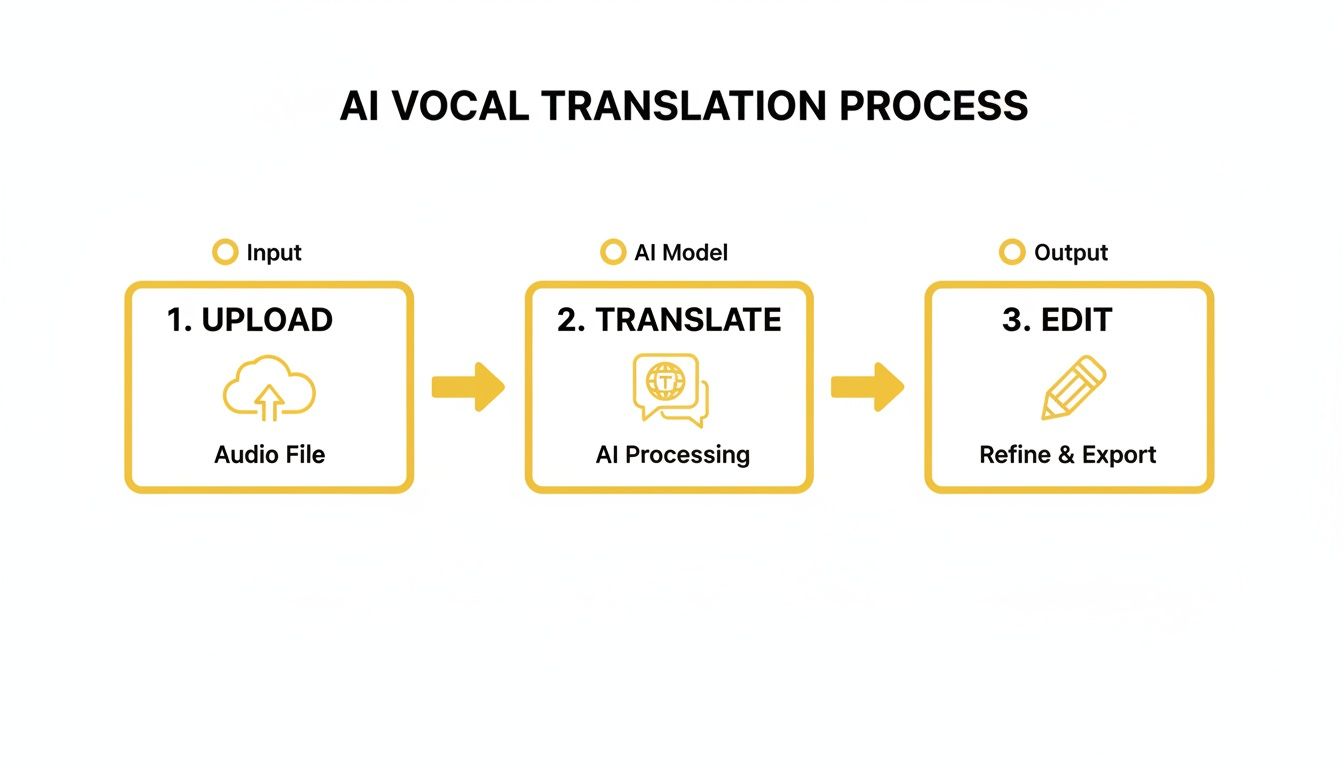 A flowchart demonstrating the AI vocal translation process: upload audio, AI processing, and refine/export.