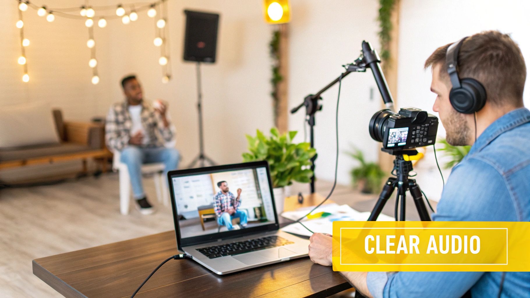 Man recording a video with a camera and laptop, ensuring clear audio in a home studio setup.