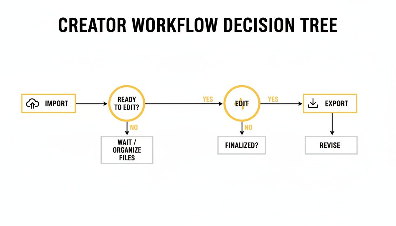A creator workflow decision tree flowchart illustrating the steps from import to export.