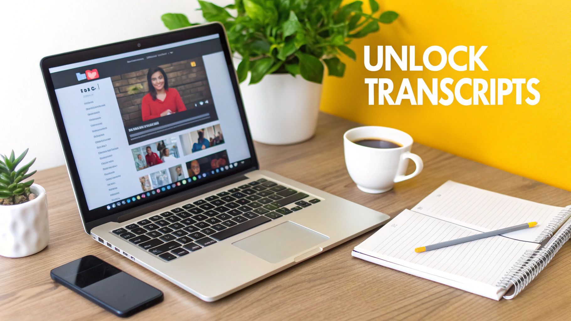 A modern workspace featuring a laptop with a video, coffee, and a notebook with "Unlock Transcripts" text.