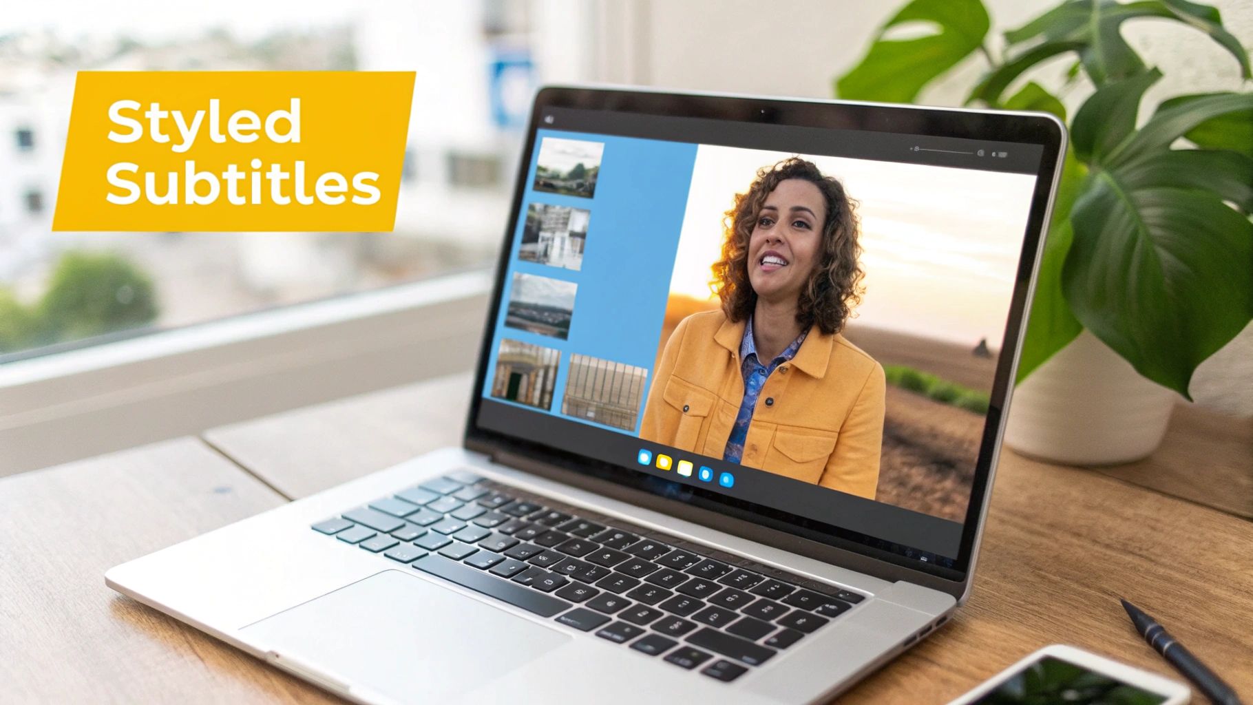 A laptop on a wooden desk displaying a video call with a woman and "Styled Subtitles" text.