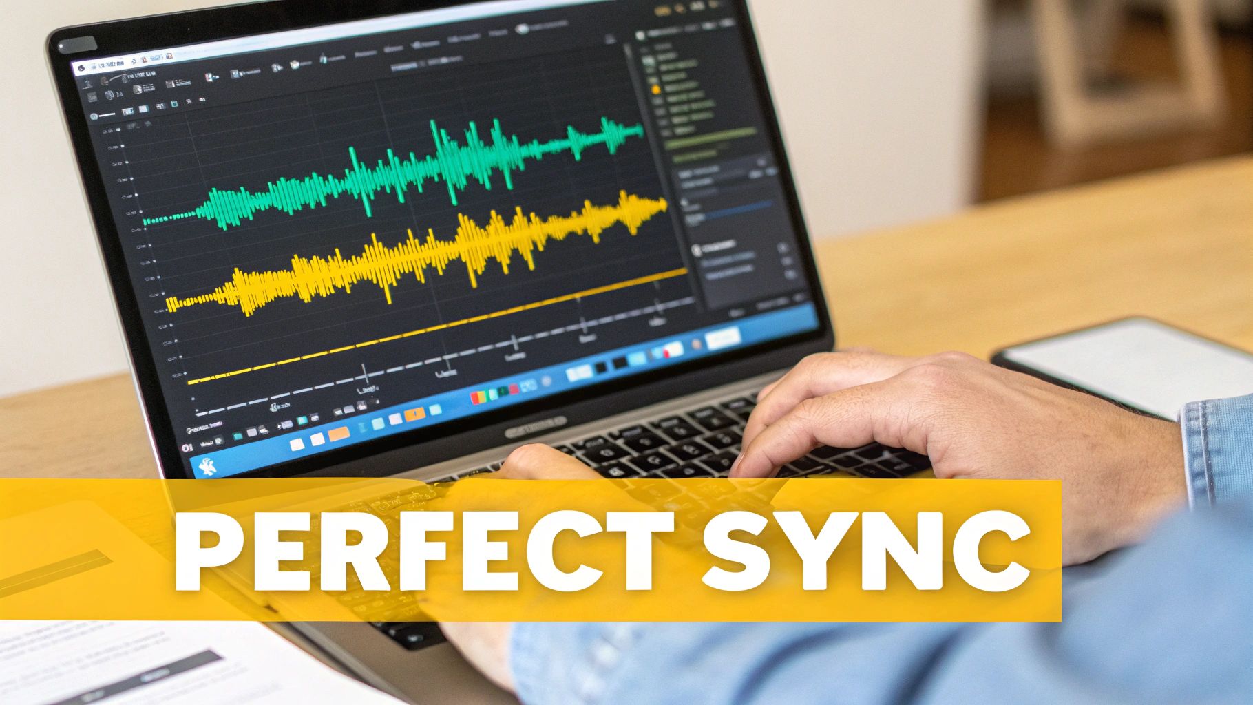 Hands typing on a laptop screen displaying audio waveforms for editing, with a 'PERFECT SYNC' banner.