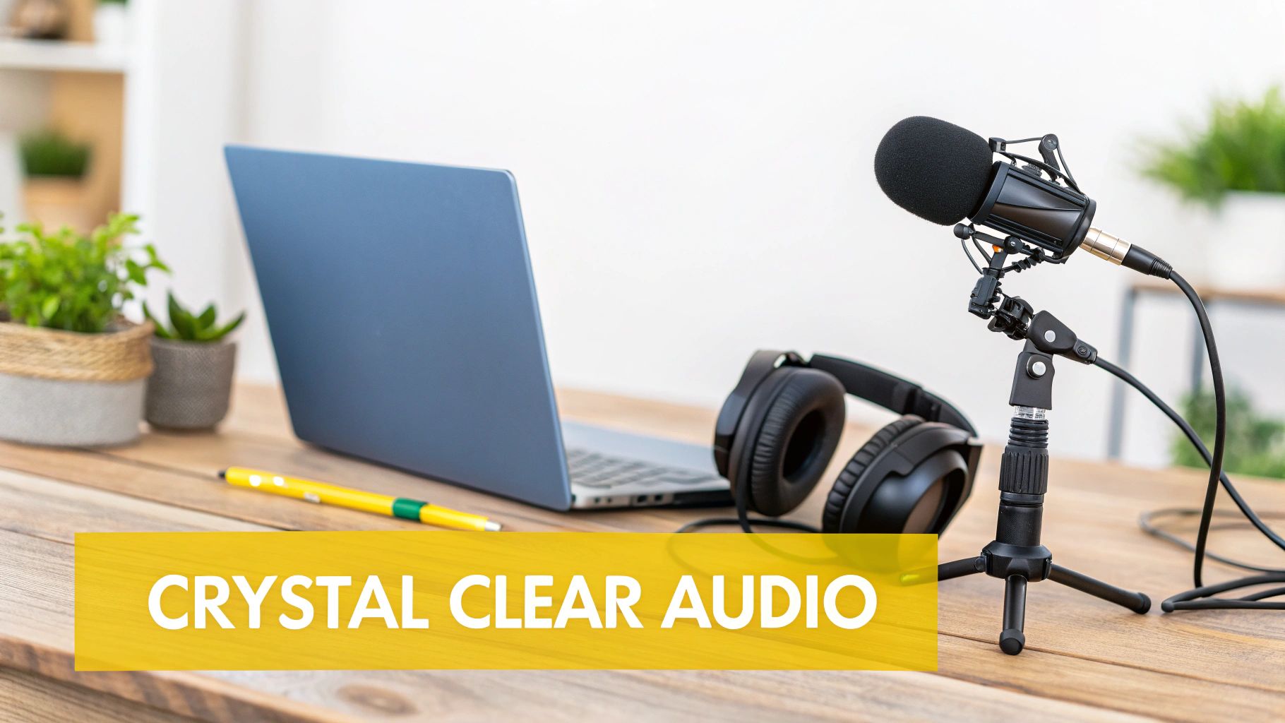 A podcasting setup on a wooden desk with a laptop, headphones, microphone, and potted plants.