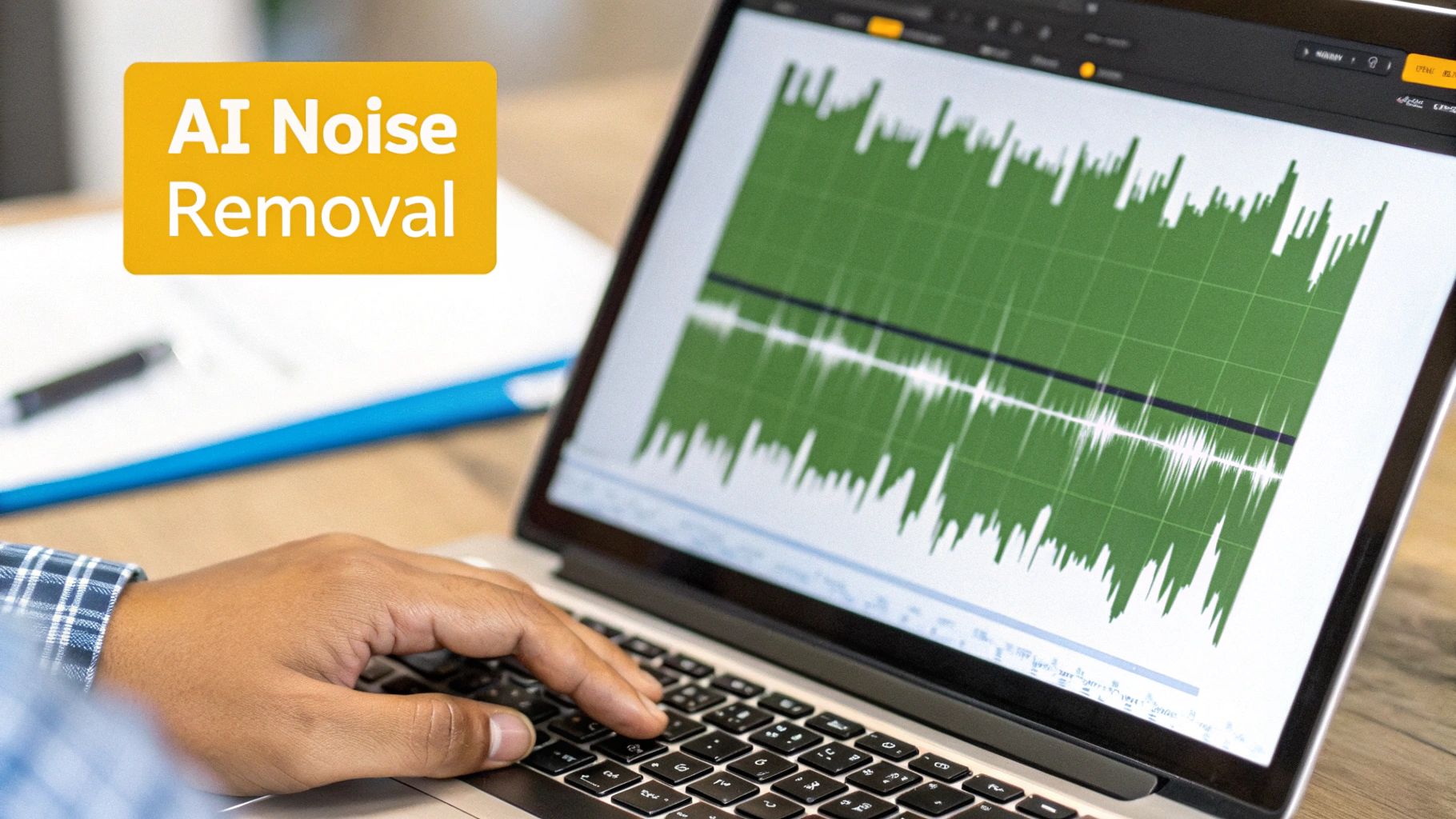 A person's hand typing on a laptop displaying an audio waveform and 'AI Noise Removal' text.
