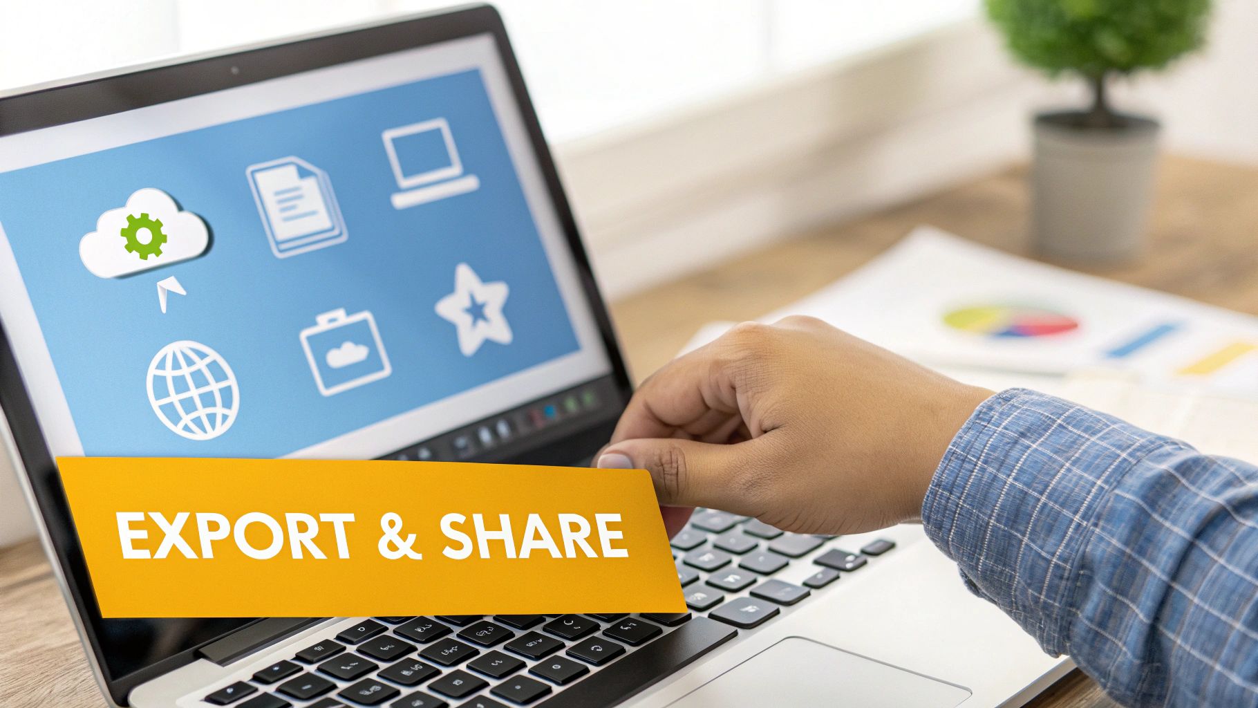A hand holds an 'EXPORT & SHARE' sign above a laptop with digital service icons.