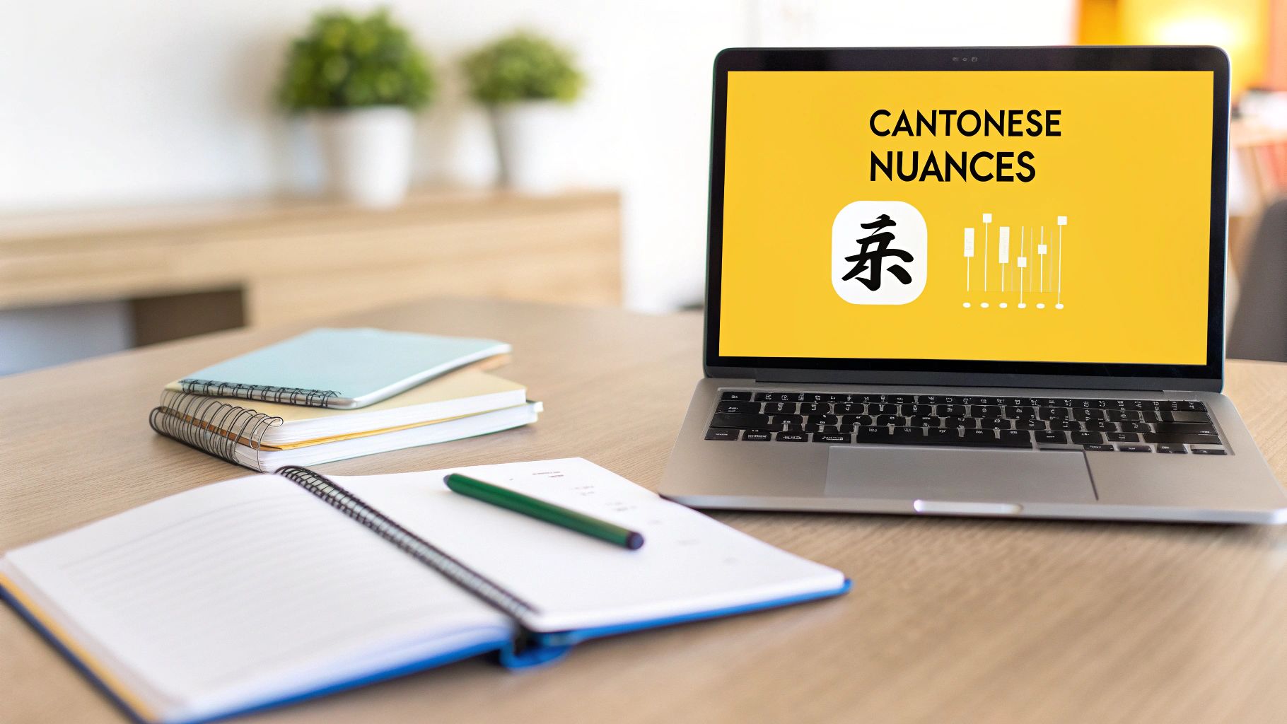 A laptop displaying 'CANTONESE NUANCES' with a Chinese character and equalizer bars on a desk with notebooks and a pen.