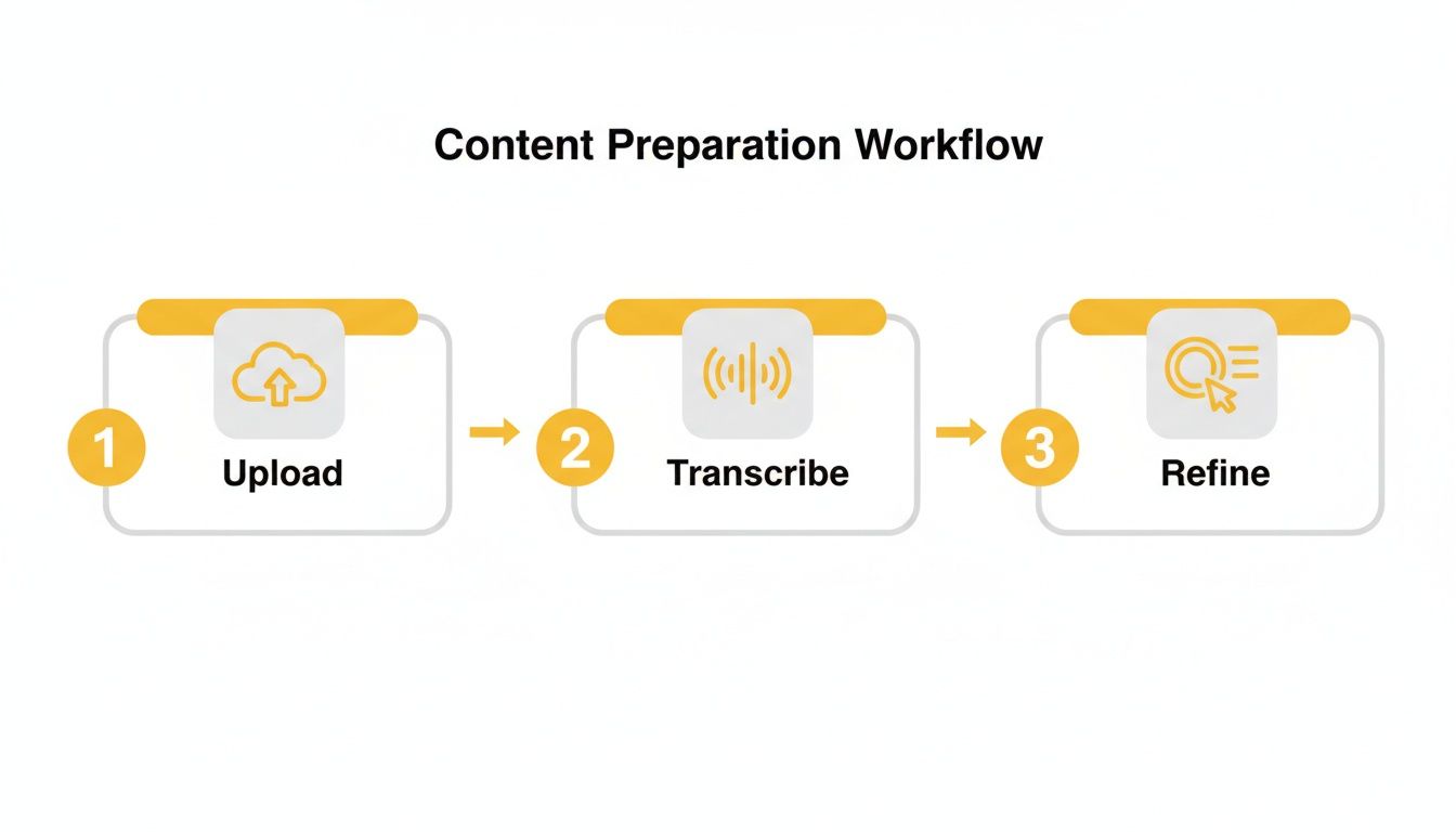 A three-step content preparation workflow: Upload, Transcribe, and Refine content for use.