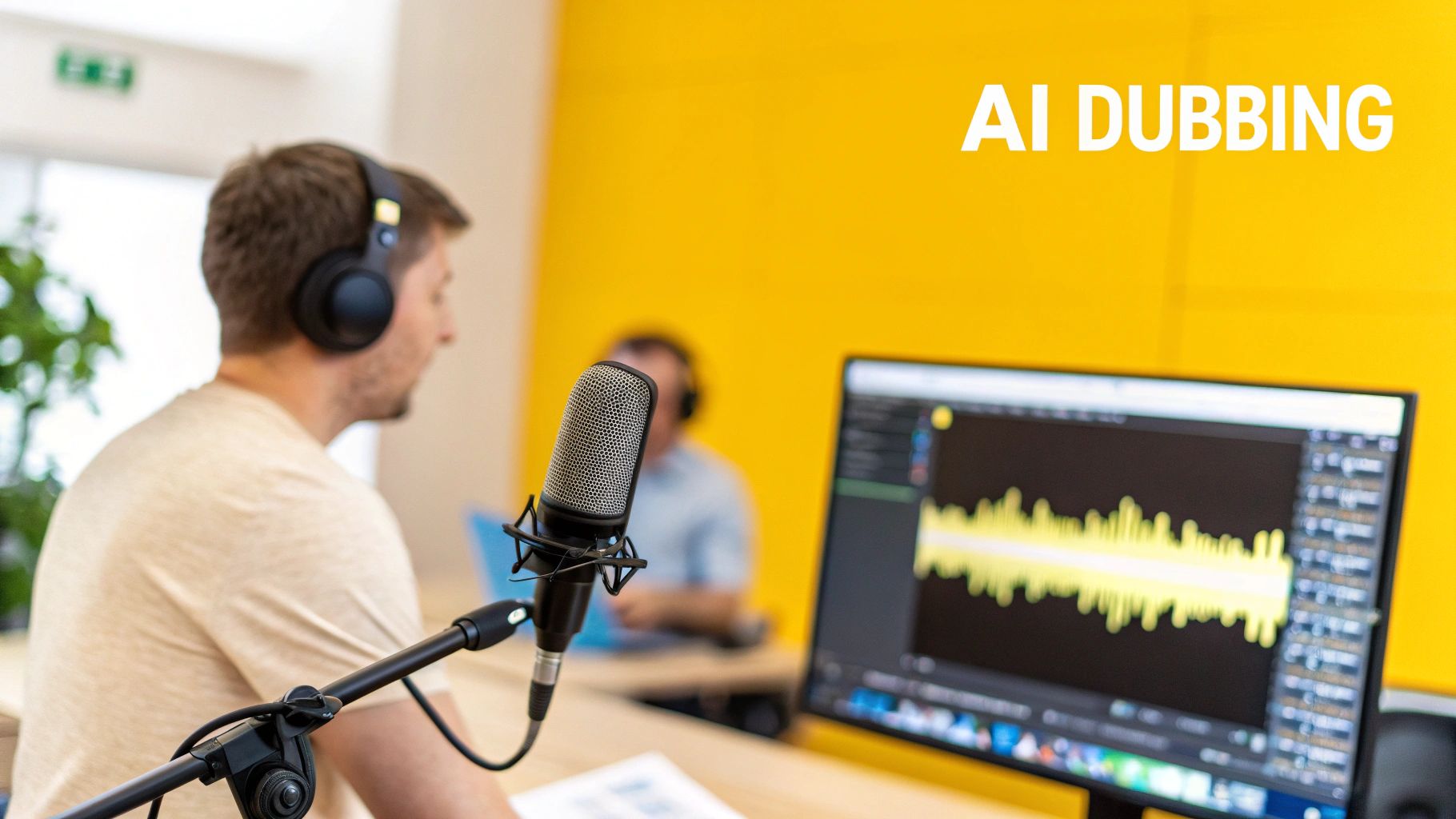 A person with headphones speaks into a microphone, with an audio waveform on a computer screen, under 'AI DUBBING' text.