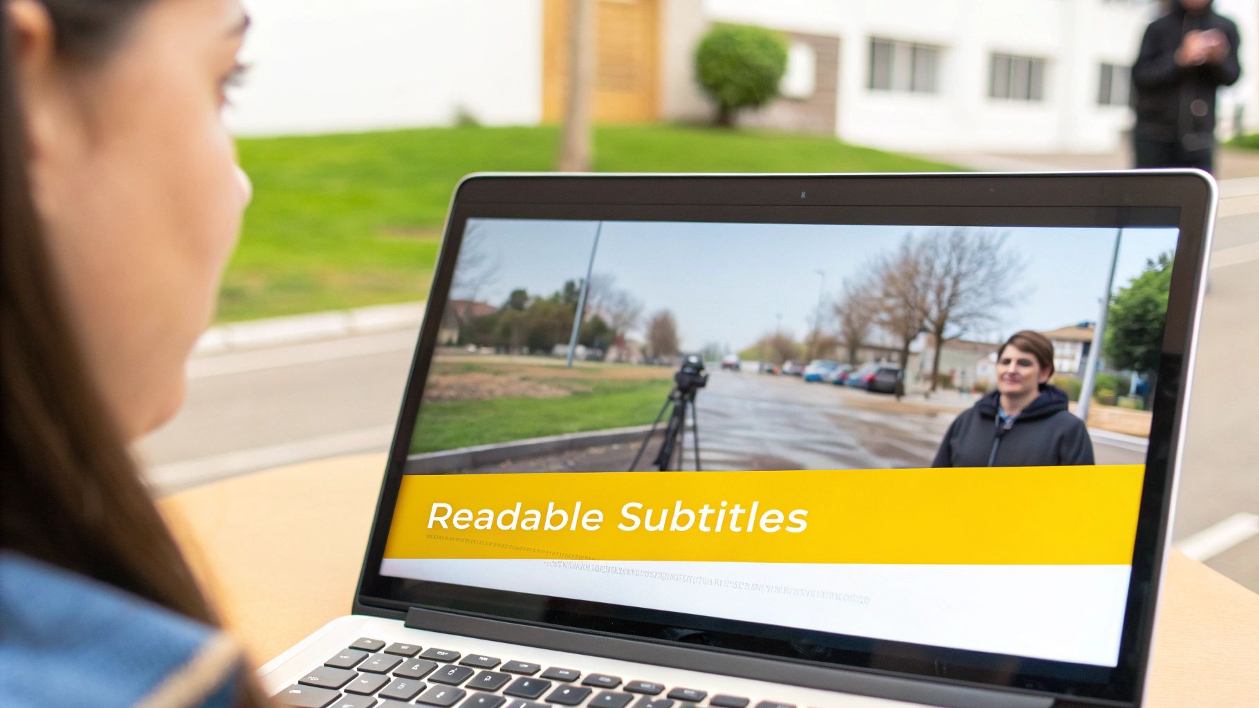 A person watches a laptop displaying a video with a 'Readable Subtitles' banner over an outdoor scene.