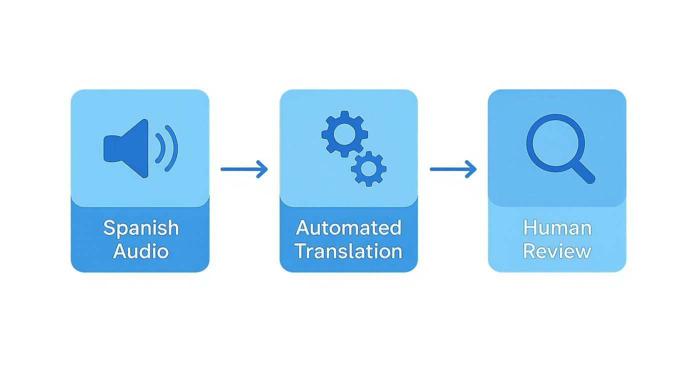 Diagram illustrating the process of translating Spanish audio through automation and subsequent human review.