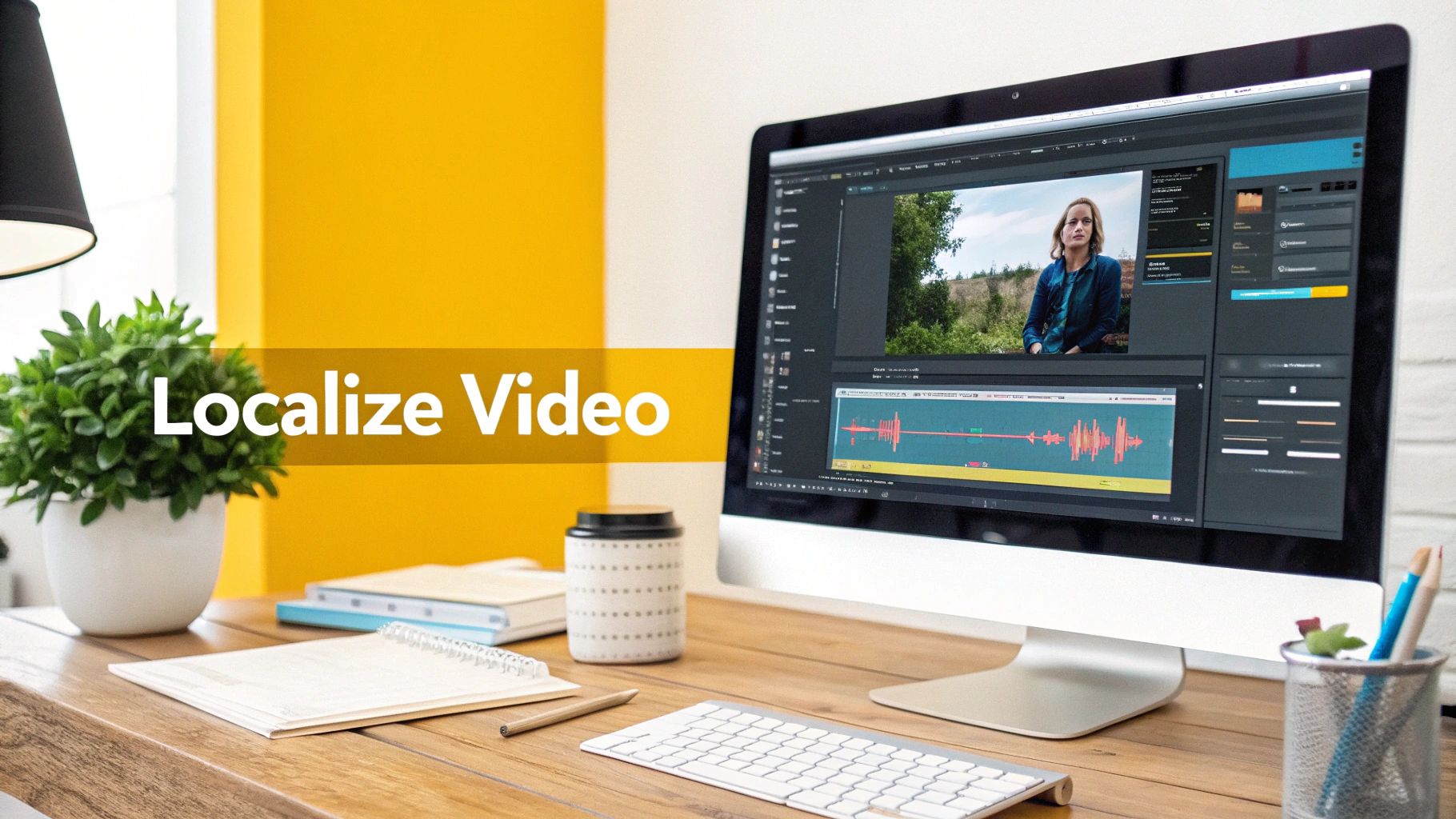 A computer displays video editing software with a woman on screen and text overlay 'Localize Video'.