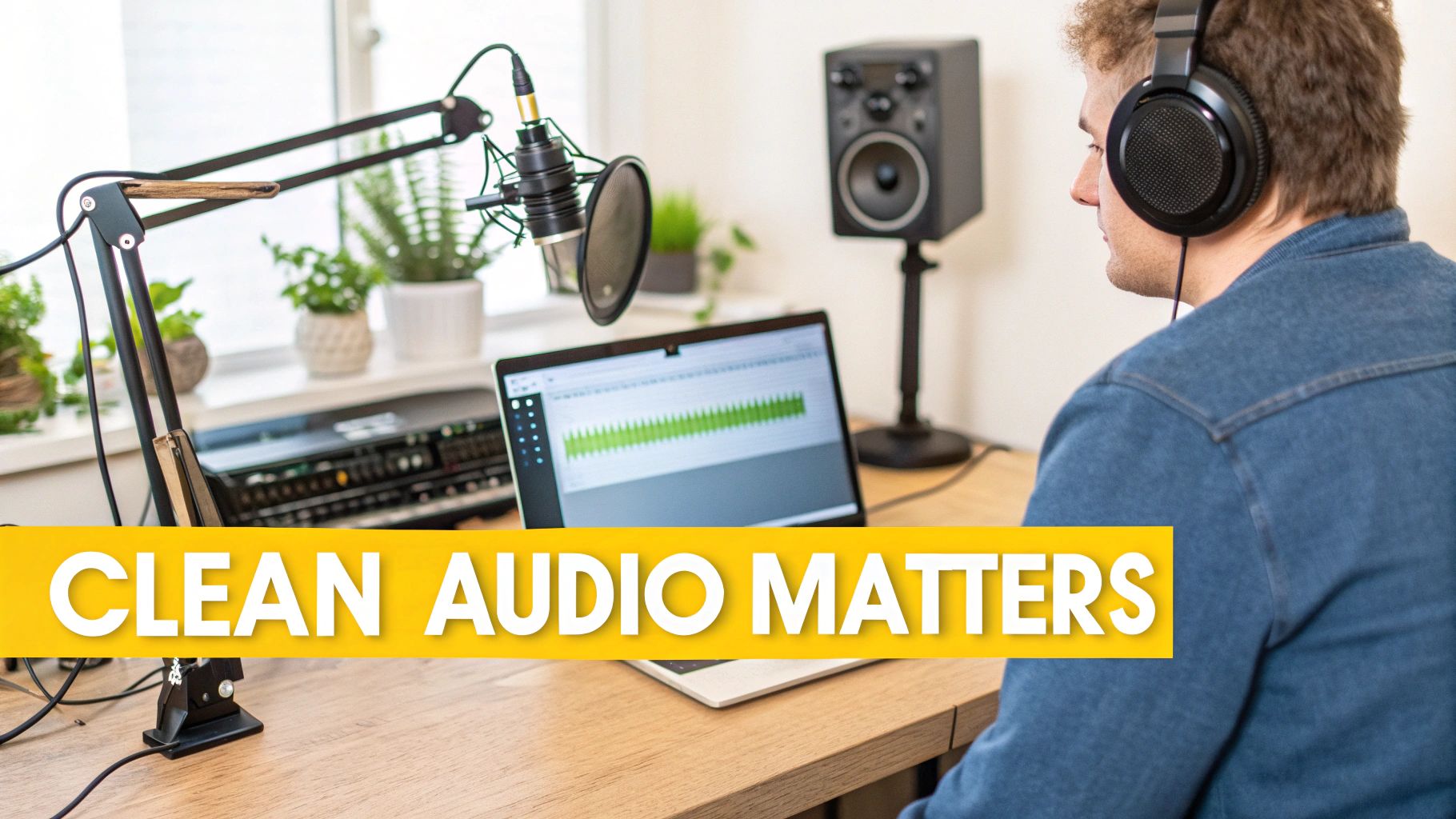 A man wearing headphones uses a professional microphone and laptop for audio recording or editing.