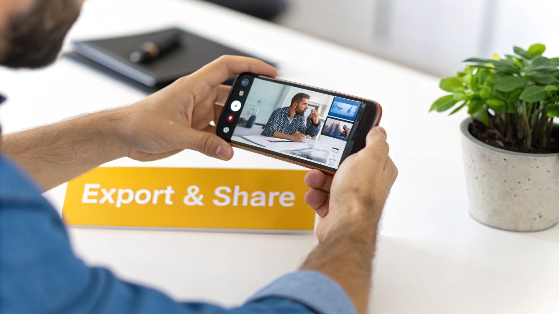 Person holding smartphone horizontally, displaying a video call with multiple participants.