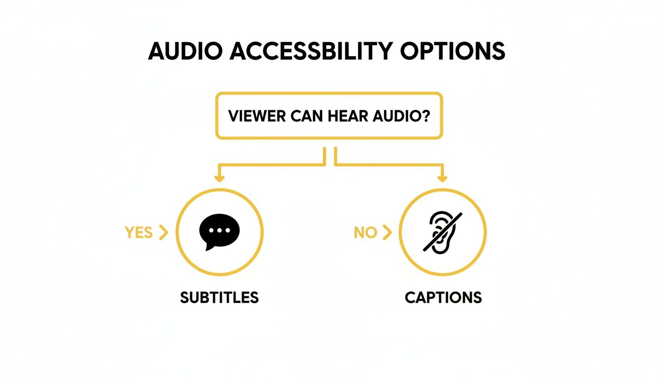 A flowchart detailing audio accessibility options: subtitles for those who can hear, captions for those who cannot.