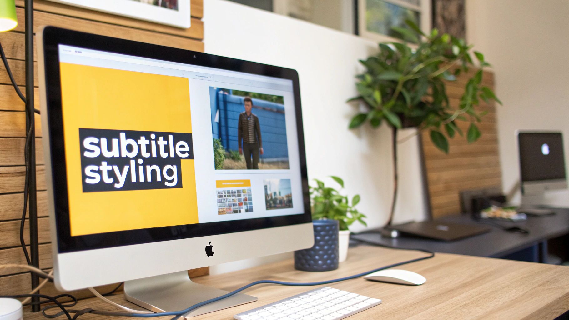 A modern workspace featuring an iMac computer displaying 'subtitle styling' on its screen, keyboard, and mouse.