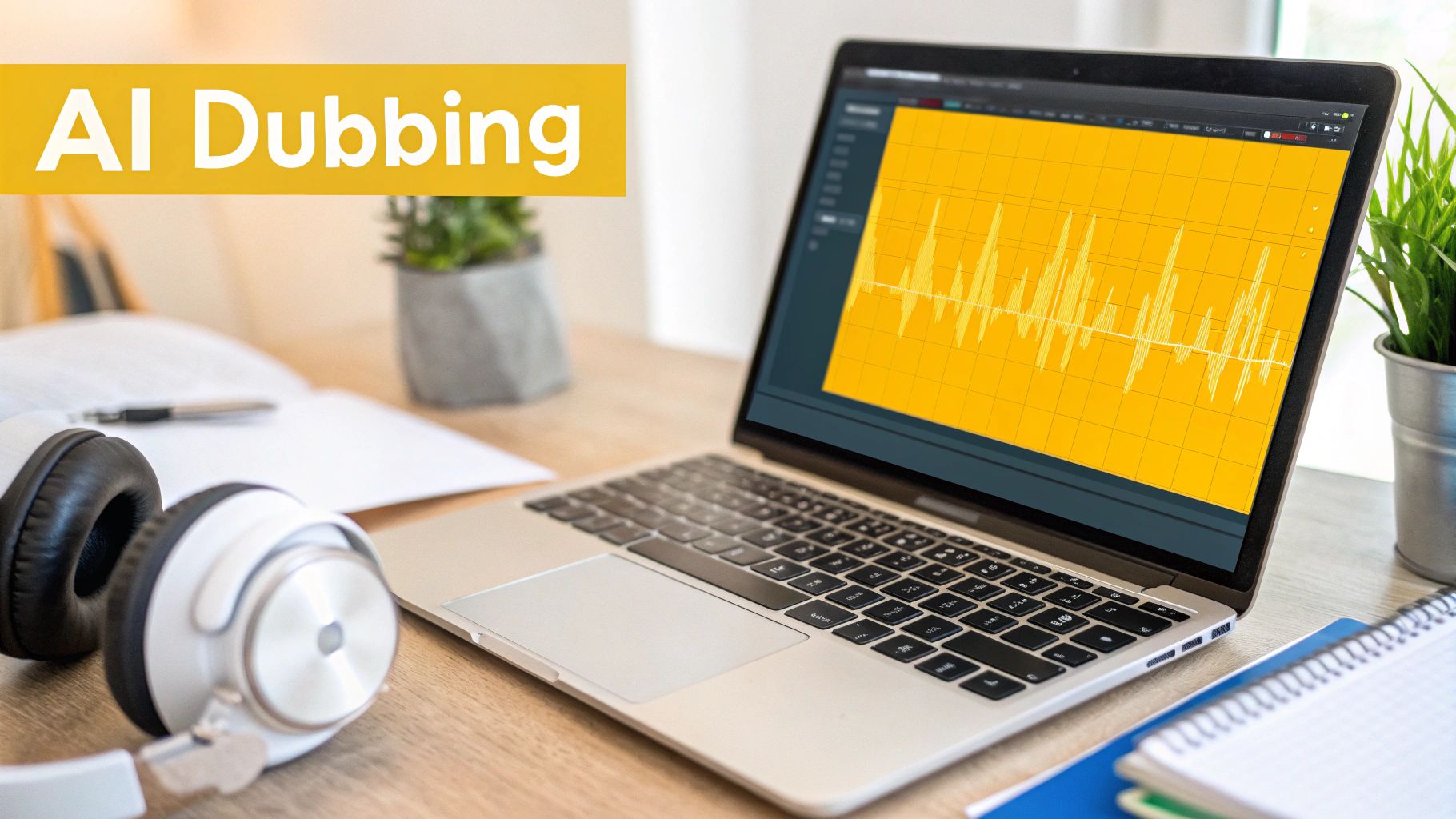 A laptop displaying a sound waveform on its screen, with 'AI Dubbing' text, headphones, and a plant on a desk.