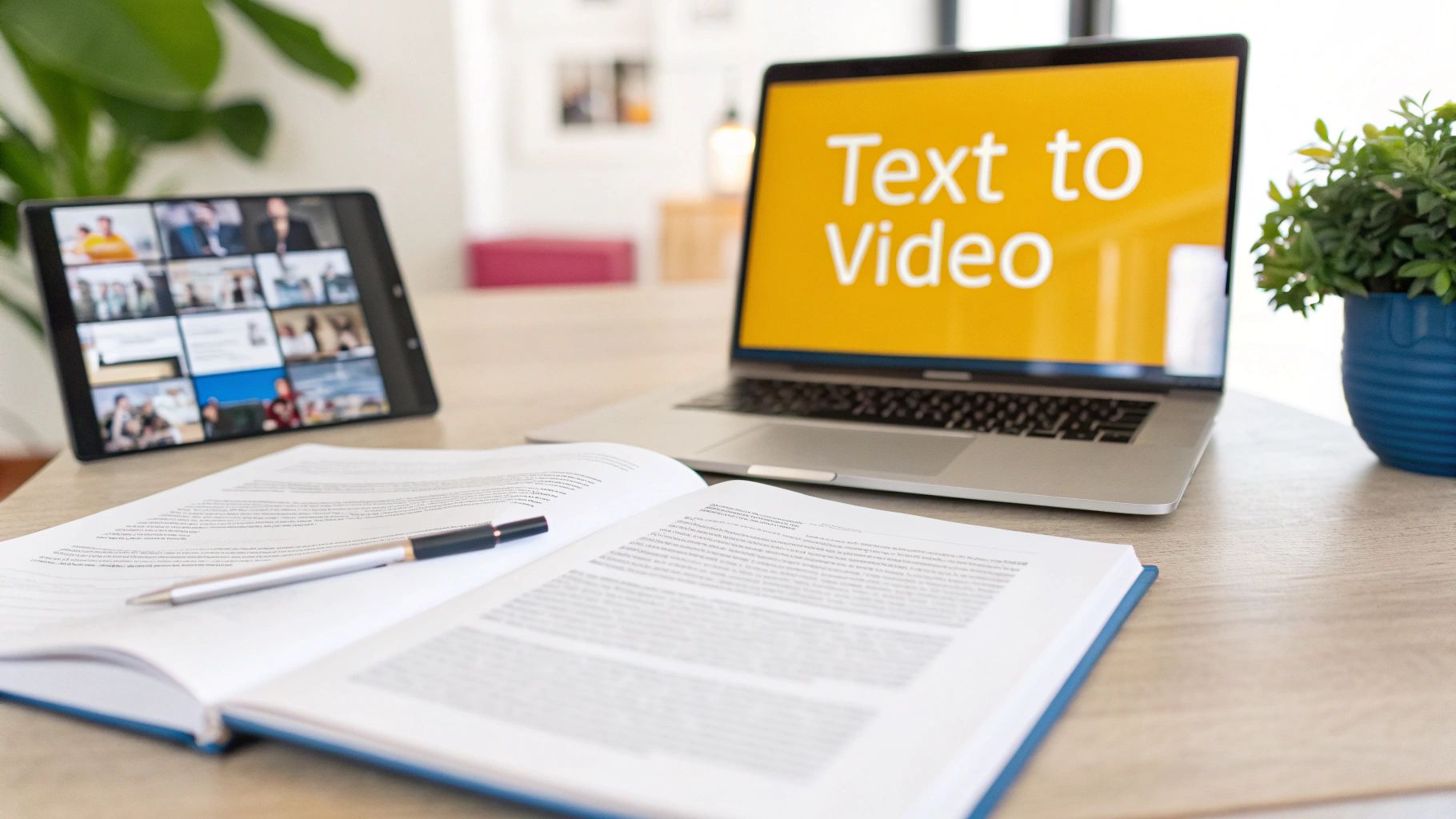 A modern desk setup featuring a laptop displaying 'Text to Video', a tablet with a video conference, and an open book.