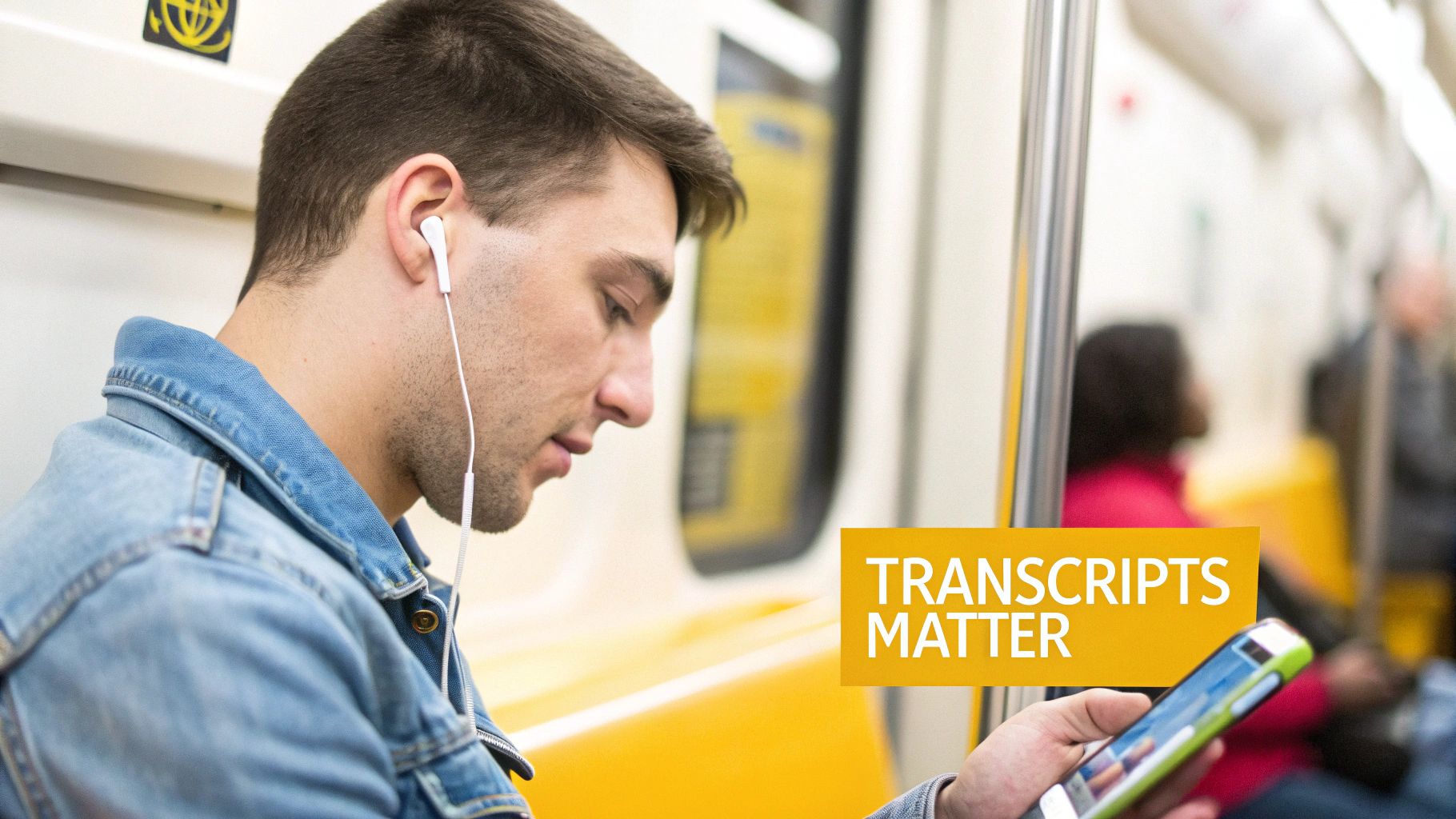 A man in a denim jacket on a train, wearing earbuds and looking at his smartphone, with 'TRANSCRIPTS MATTER' text overlay.