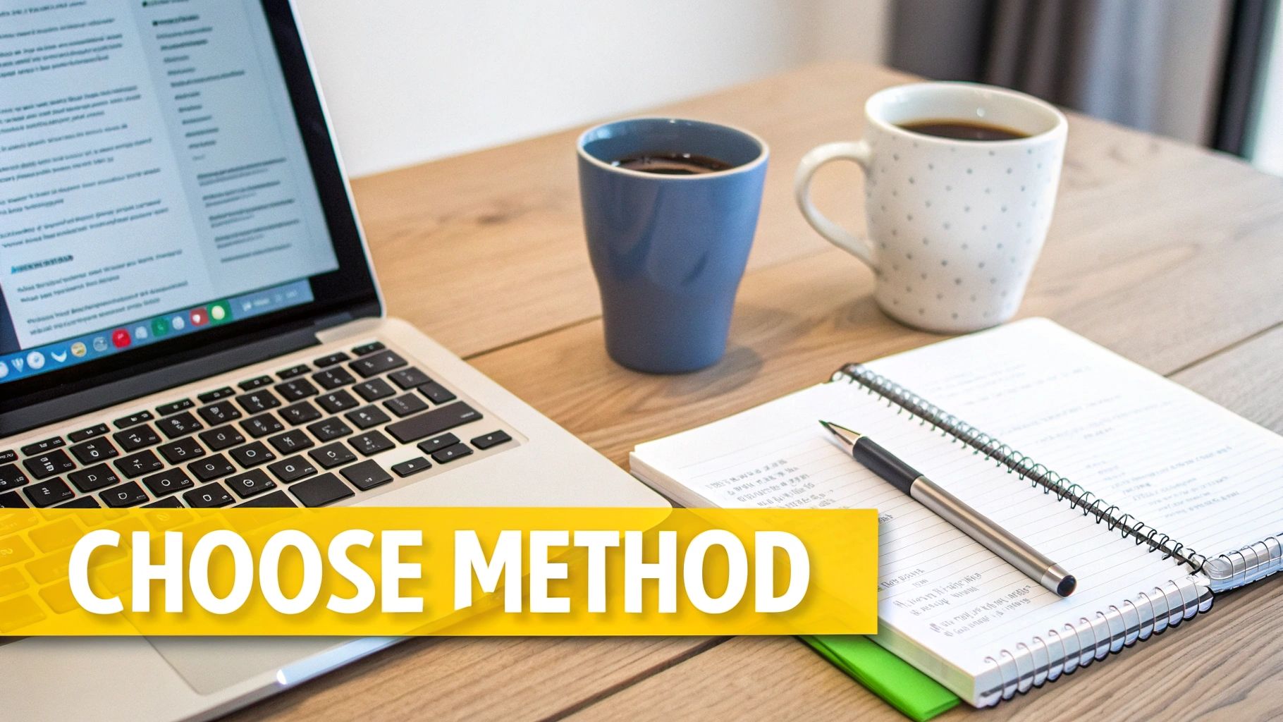 A desk with a laptop, two coffee cups, and a notebook with a pen, labeled 'CHOOSE METHOD'.