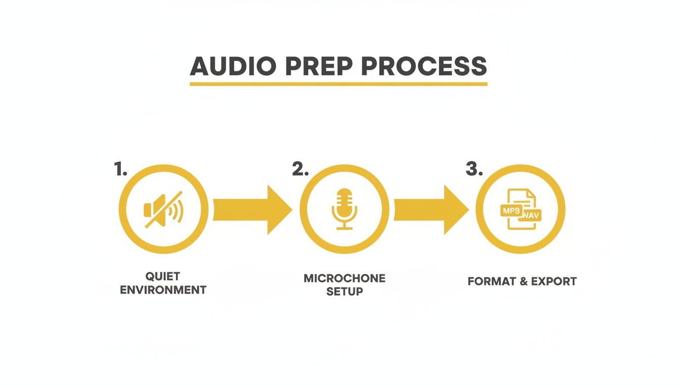 An infographic illustrating the 3-step audio preparation process: quiet environment, microphone setup, and format/export.
