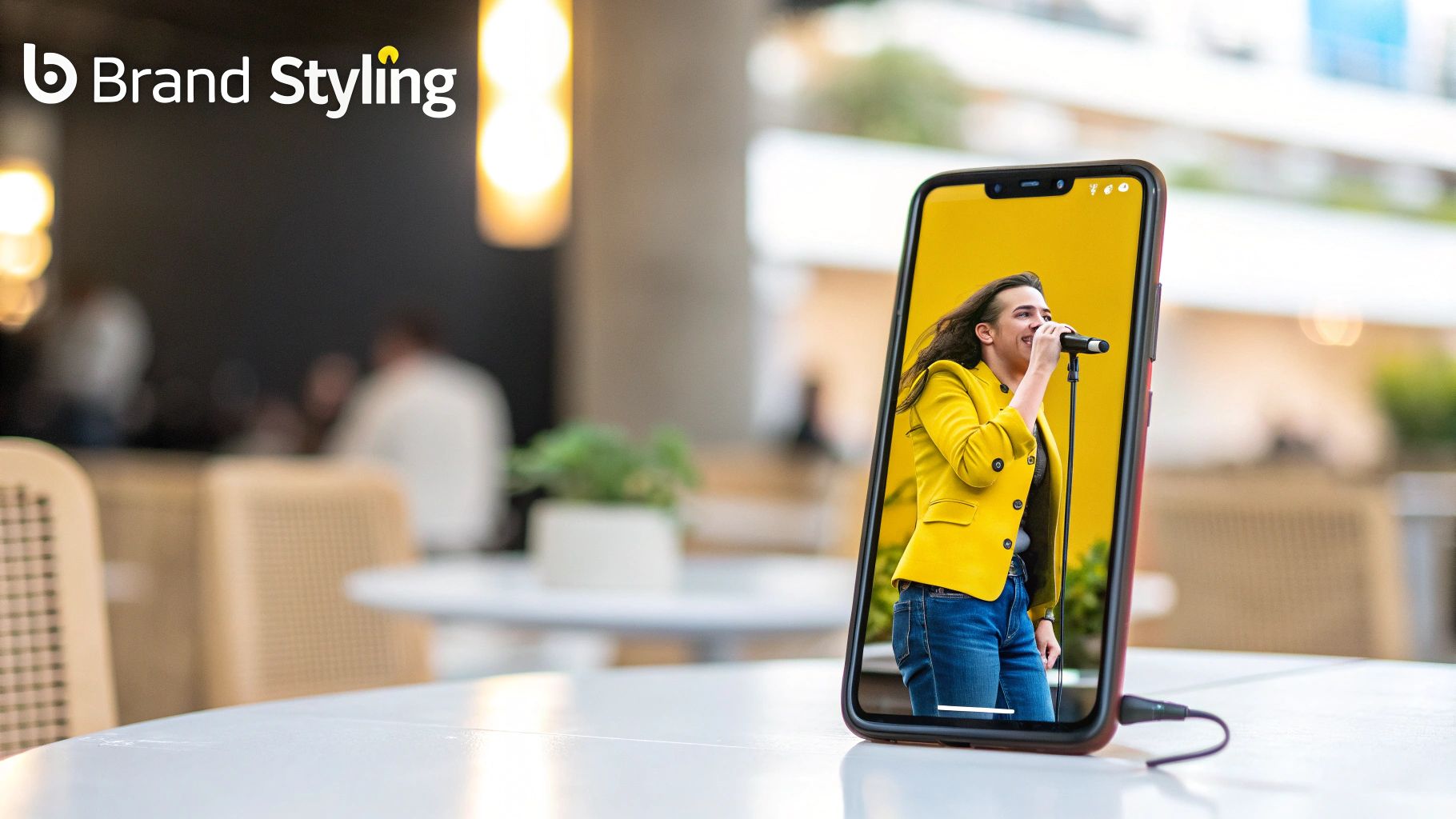 A smartphone displays a woman in a yellow jacket singing into a microphone, on a white table with blurred background.