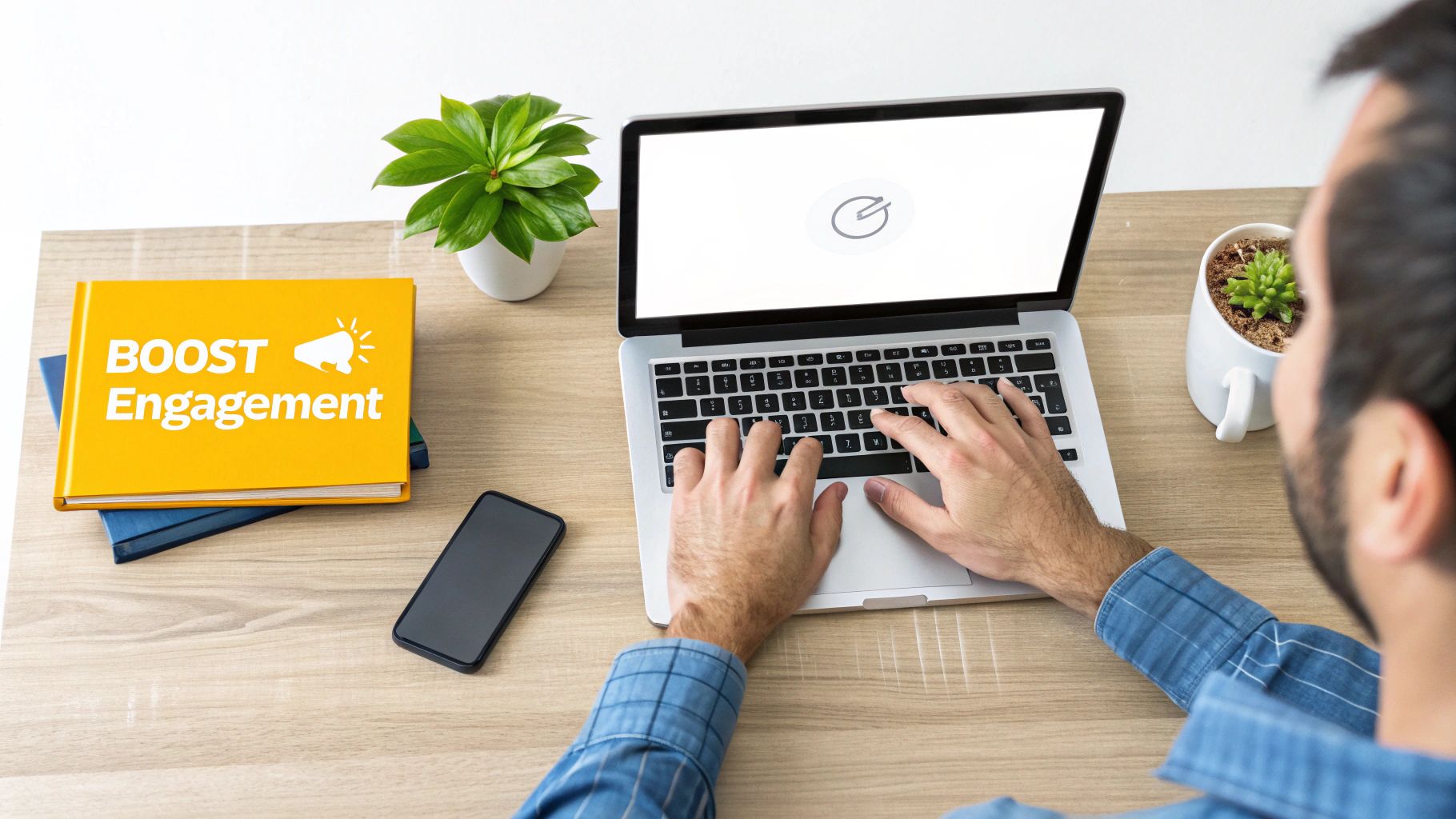 Overhead view of a person typing on a laptop, with a 'Boost Engagement' book and plants on a bright wooden desk.