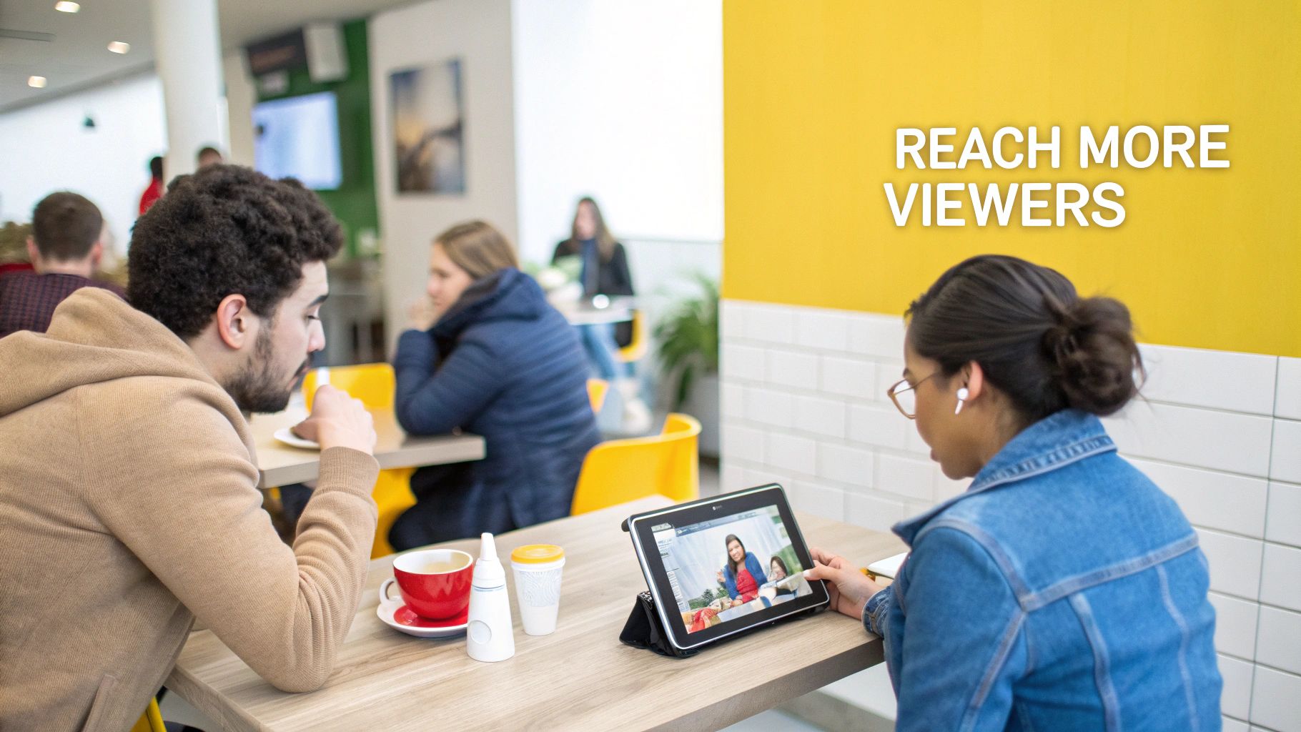 Two people in a cafe, one watching a video on a tablet, the other having a drink.