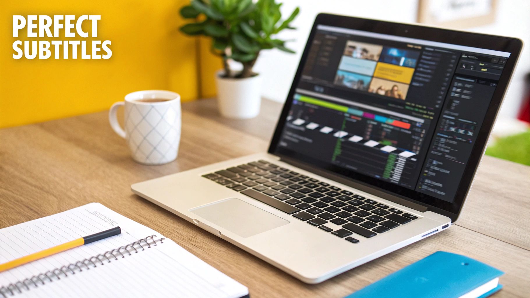 A laptop displaying video editing software on a wooden desk, next to a coffee mug and notebook, with 'PERFECT SUBTITLES' overlay.
