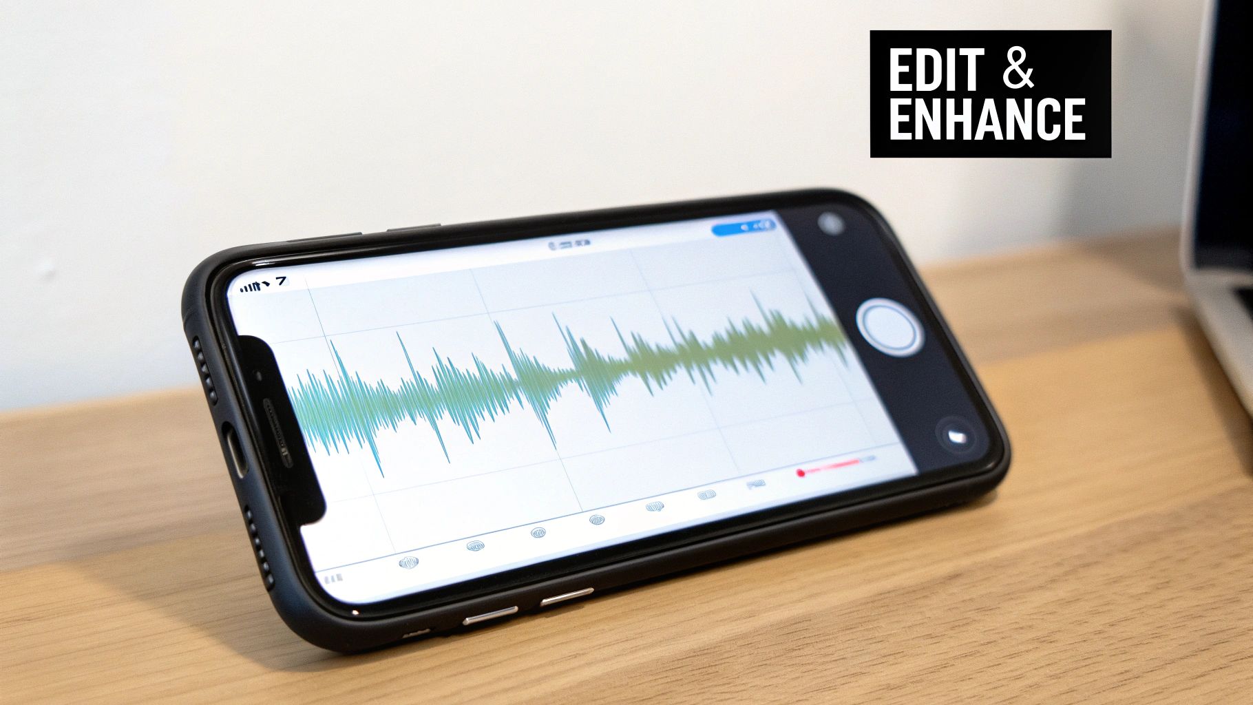 The editing screen in the Voice Memos app, showing an audio waveform with options to trim or replace segments.