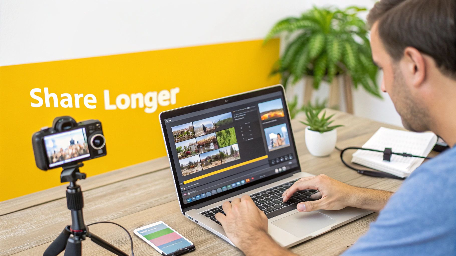 Content creator editing video footage on laptop with camera and smartphone on desk