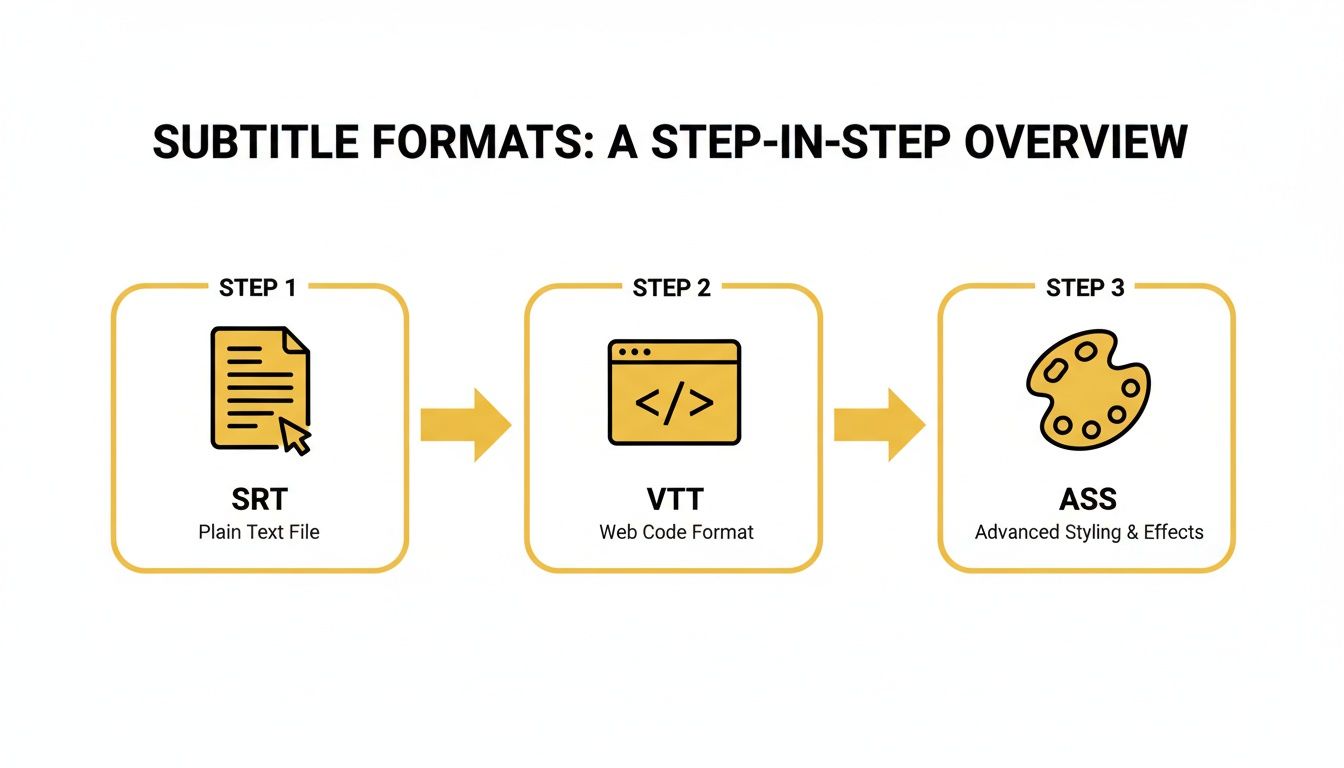 Step-by-step overview of subtitle formats: SRT (plain text), VTT (web code), and ASS (advanced styling).