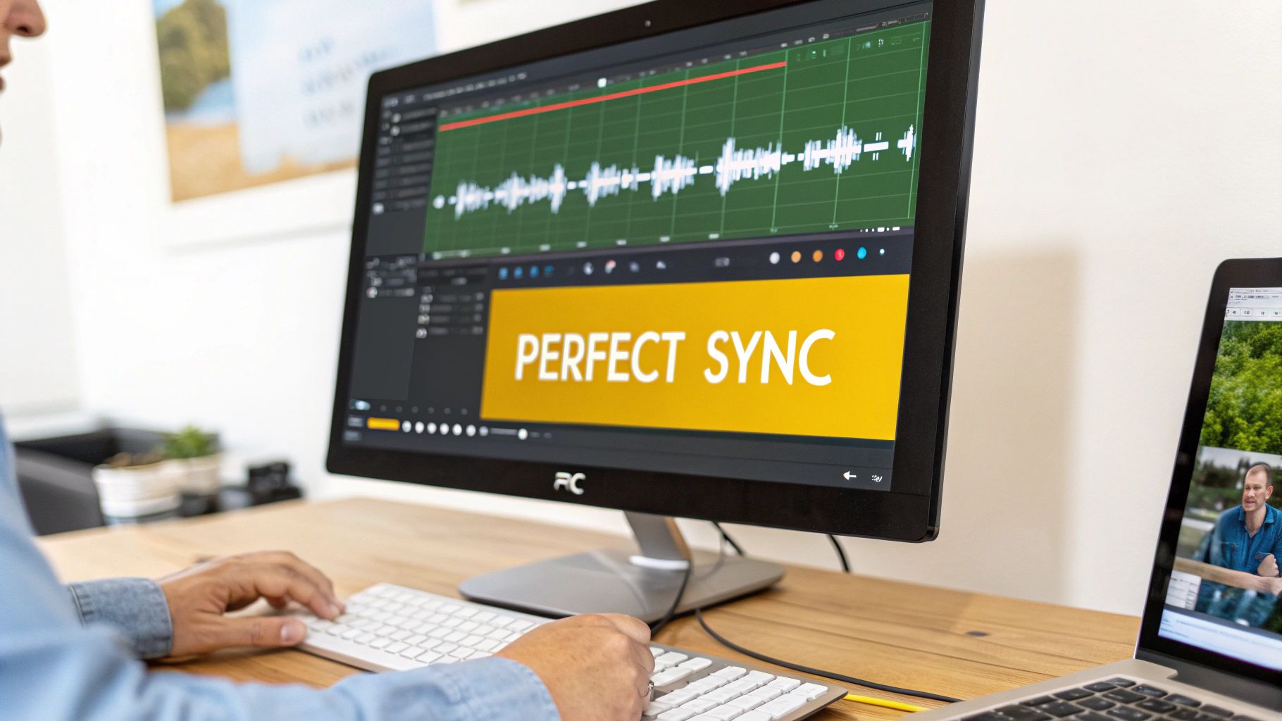 A person uses a computer for video editing, showing a waveform and "PERFECT SYNC" on screen.