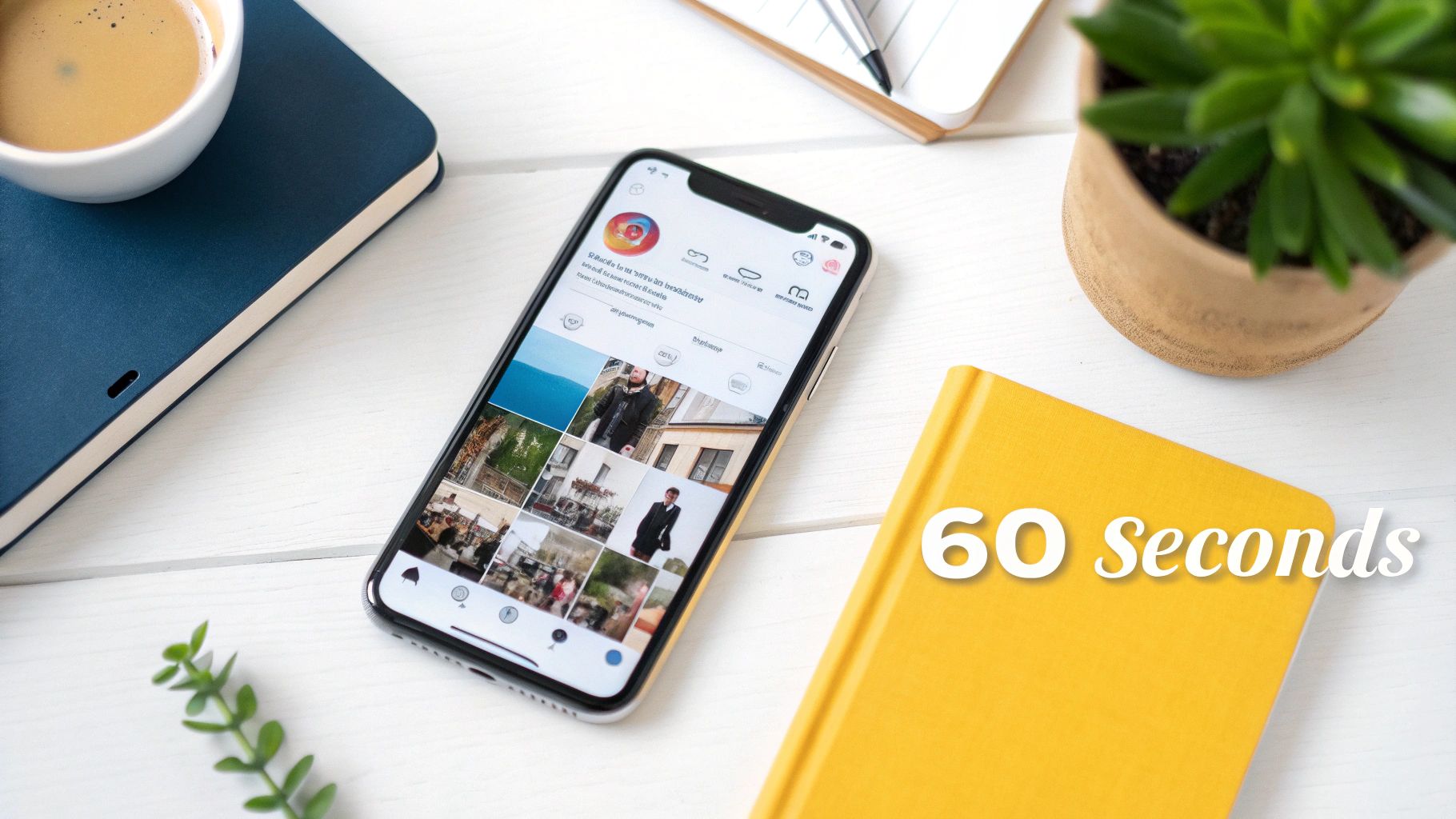A flat lay of a desk with an iPhone displaying Instagram, a coffee, notebooks, and a plant.