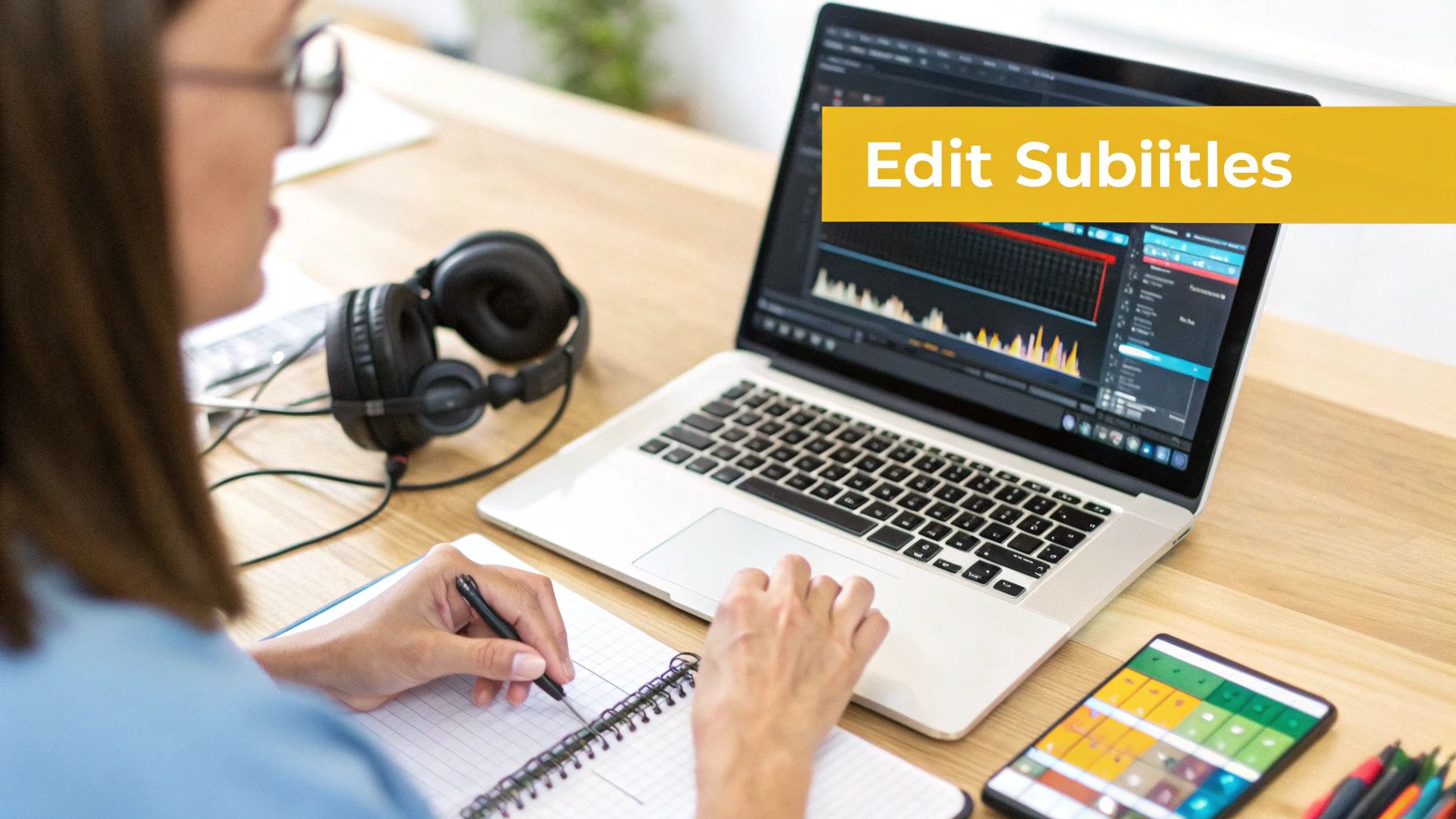 A person editing subtitles on a laptop, taking notes in a notebook on a wooden desk.