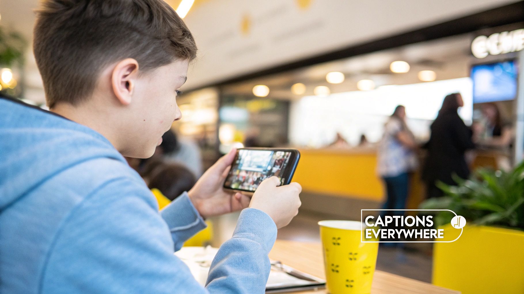 A young boy in a blue hoodie watches content on his smartphone in a cafe, with a "Captions Everywhere" logo.
