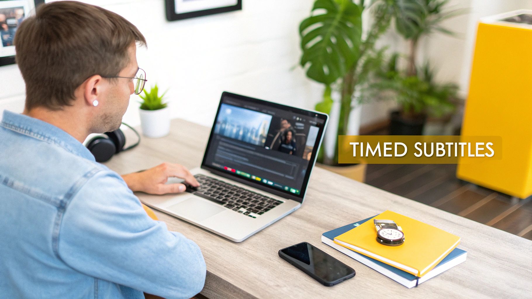 Man with glasses at a desk, editing video on a laptop, with "TIMED SUBTITLES" overlay.