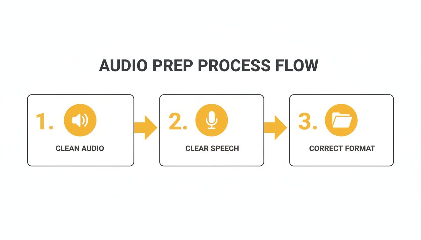 An audio preparation process flow diagram showing steps: clean audio, clear speech, and correct format.