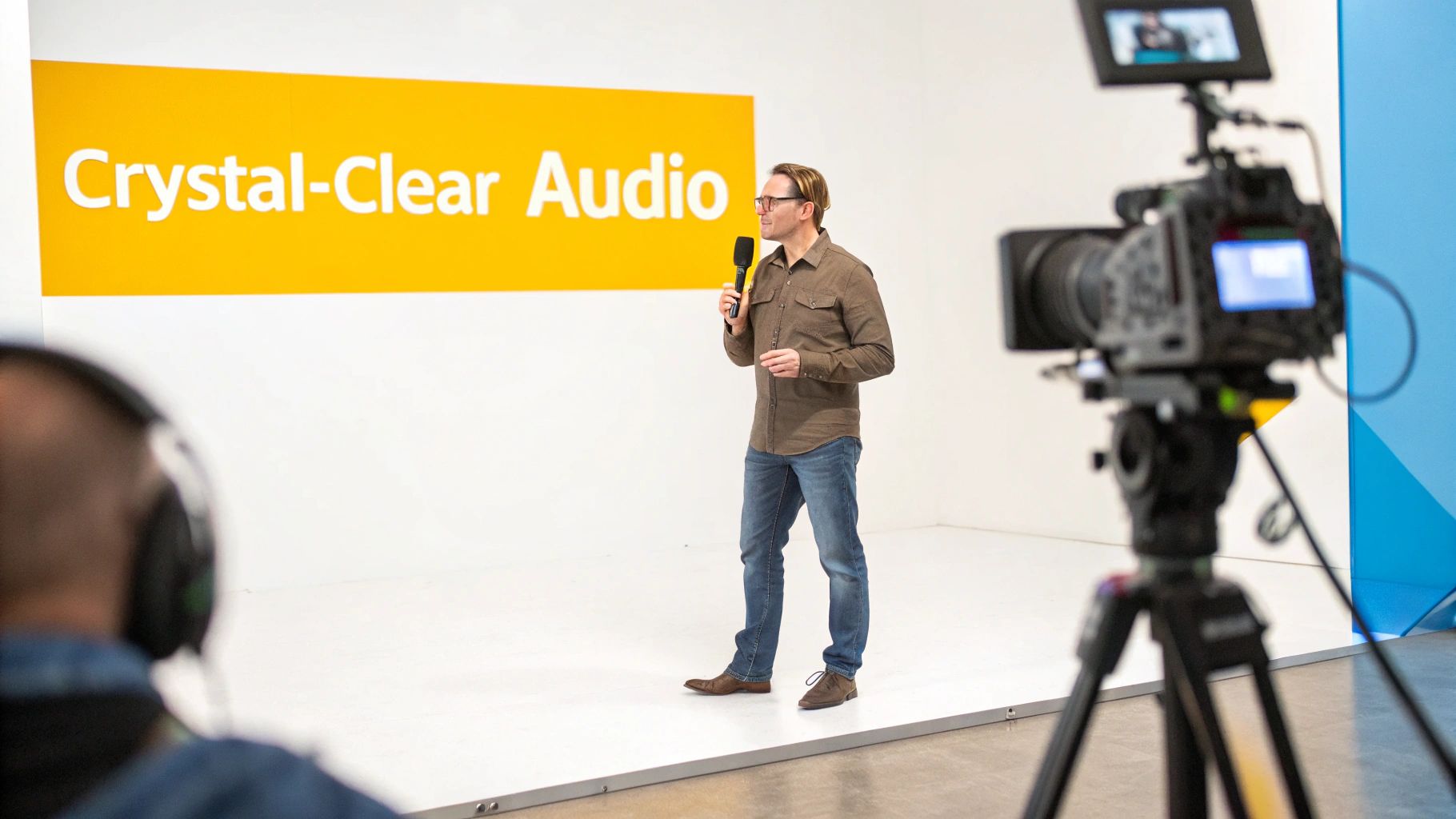 A man speaks into a microphone on a stage with a "Crystal-Clear Audio" banner, being filmed by a camera.